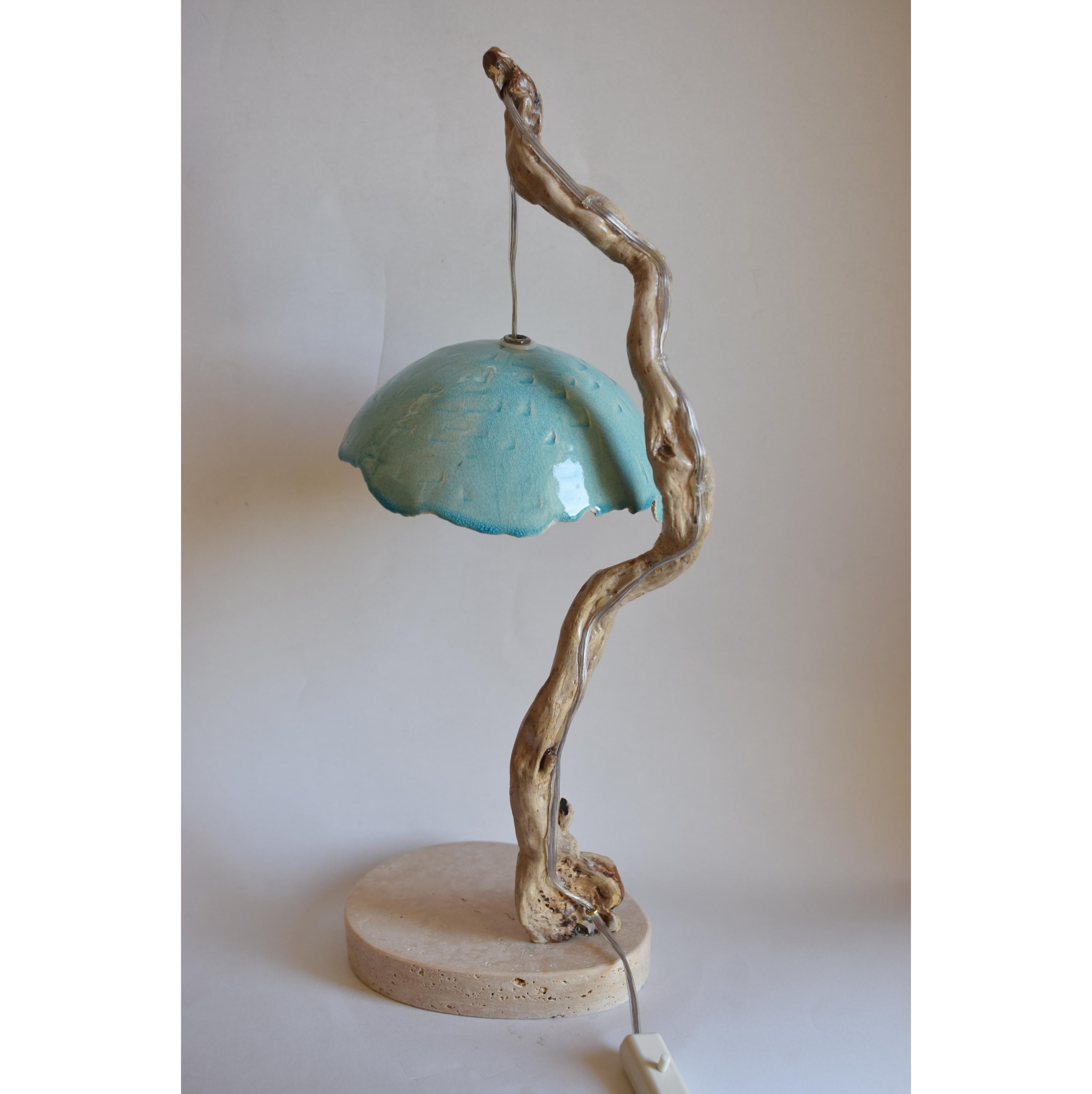 Arts and Crafts Lampe monobloc en céramique, bois et pierre - fabriquée en Italie en vente