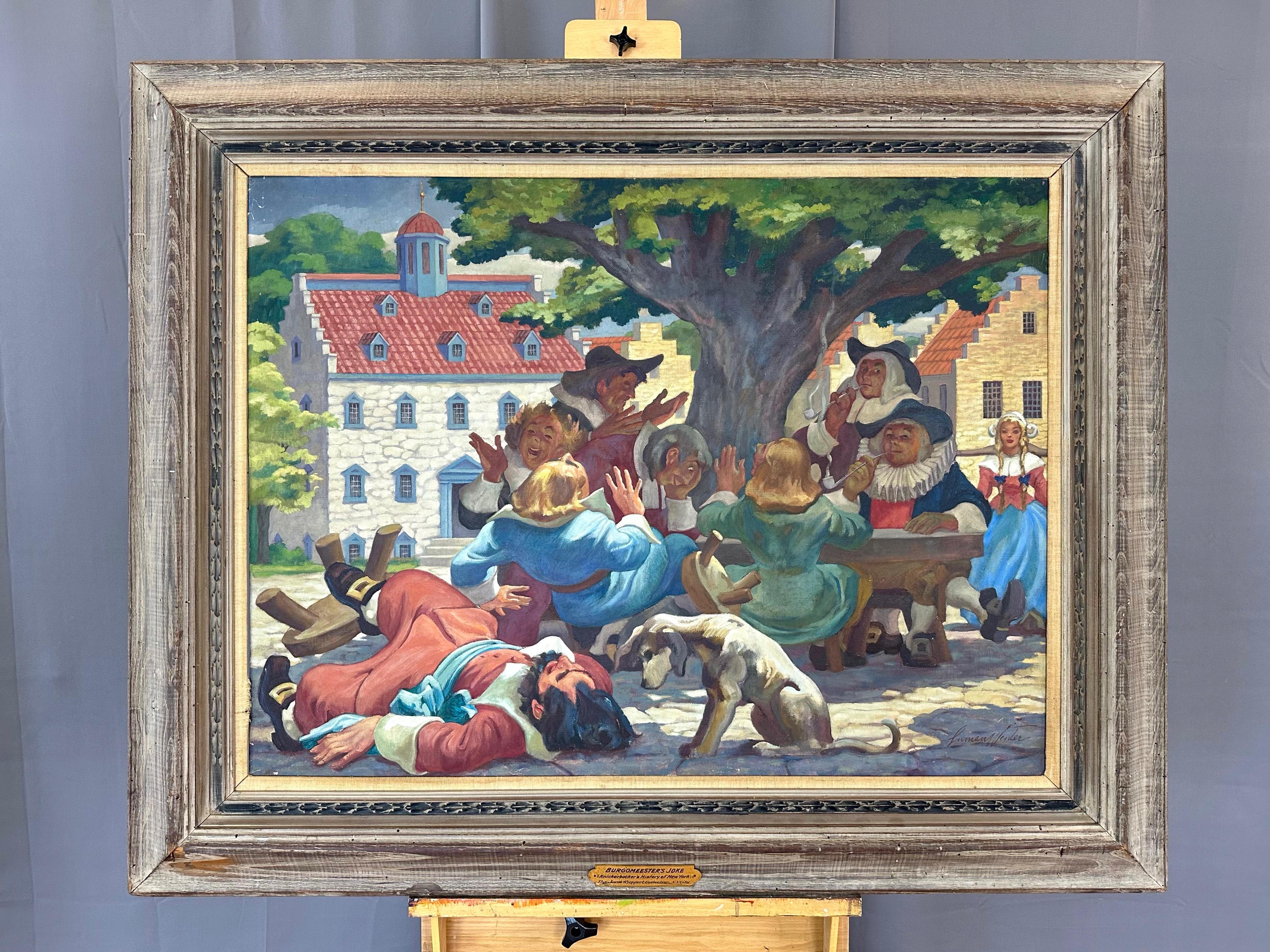 A large and lively early 1950s framed oil painting on canvas titled “Burgomeester’s Joke” by important multi-disciplinary American artist Lumen Martin Winter (b. December 12, 1908 – April 5, 1982).

Colorful and comically chaotic scene appears to be