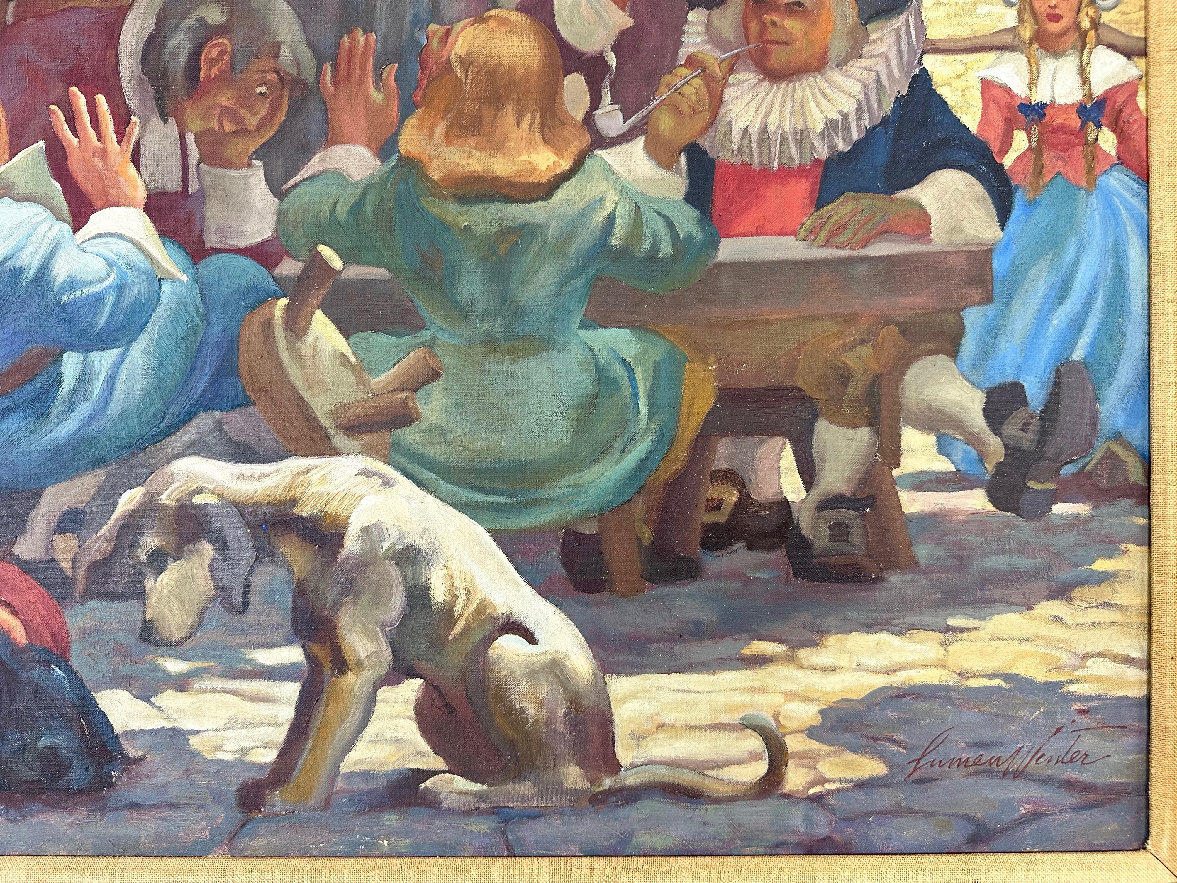 Lumen Martin Winter, “Burgomeester’s Joke”, Large Oil Painting, Early 1950s In Good Condition For Sale In San Francisco, CA