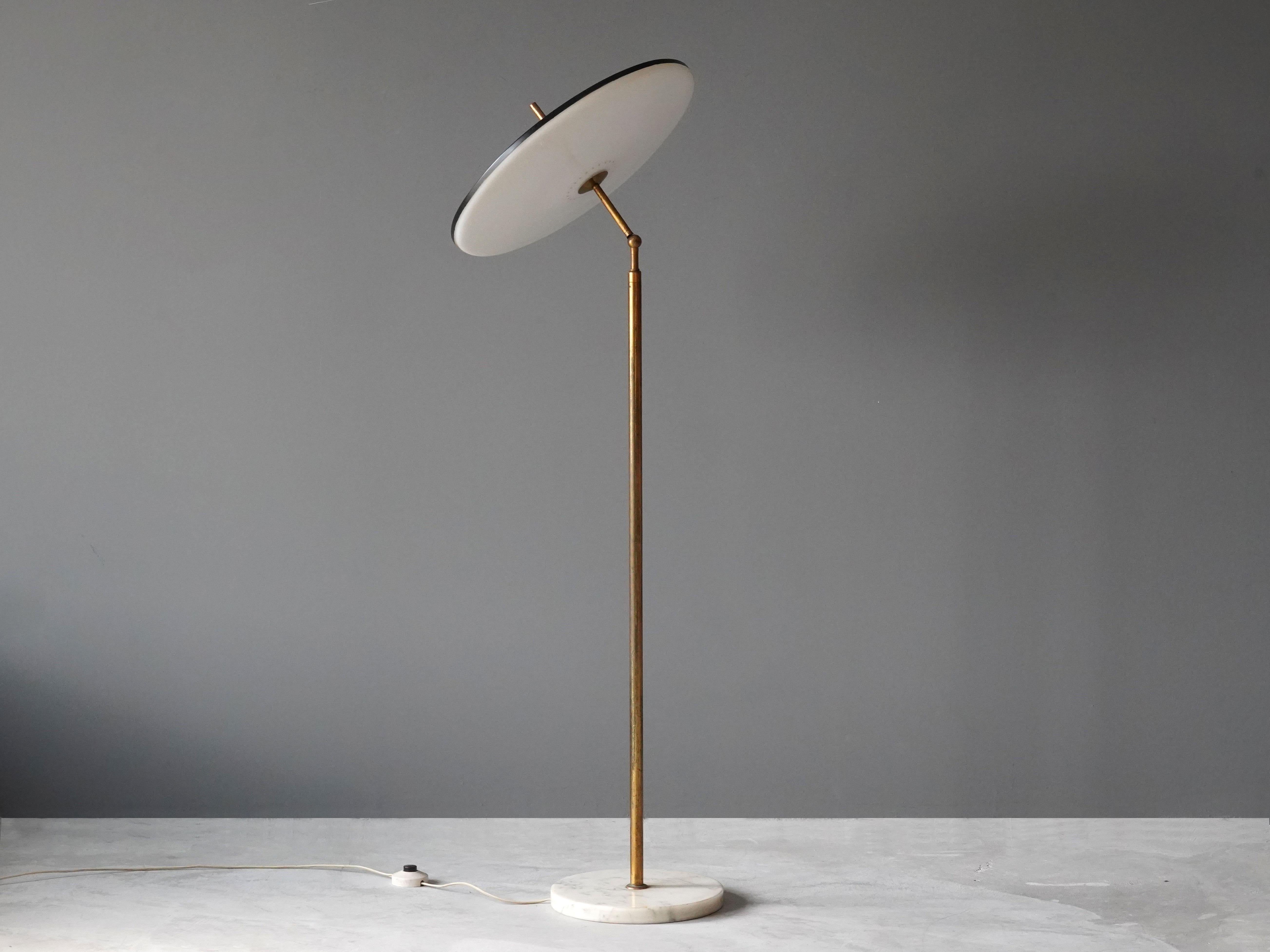 An adjustable modernist floor lamp produced and designed by Lumen Milano. Italy, 1950s. In brass, black-painted metal, acrylic and marble.

Other designers of the era include Max Ingrand, Gino Sarfatti, Angelo Lelii, and Achille Castiglioni.