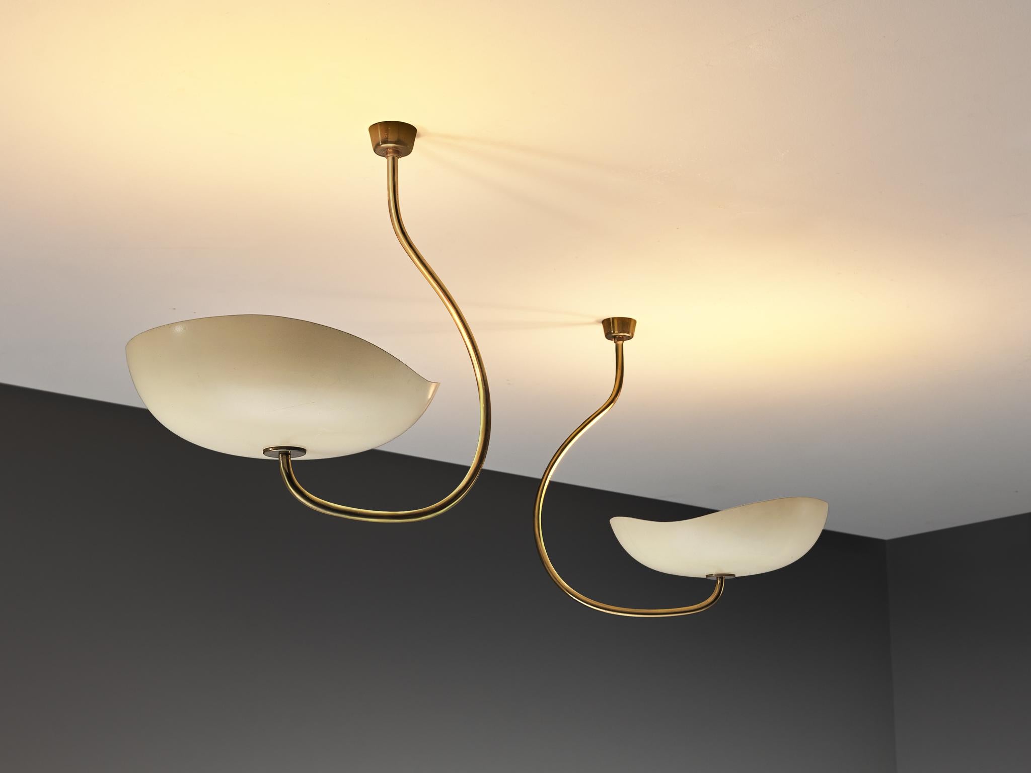 Lumen, chandeliers, enameled aluminum, brass, Italy, 1950s

These graceful chandeliers are designed by the Italian lighting company Lumen, renowned for their expertise in crafting elegant lamps that testify to exceptional craftsmanship. The design