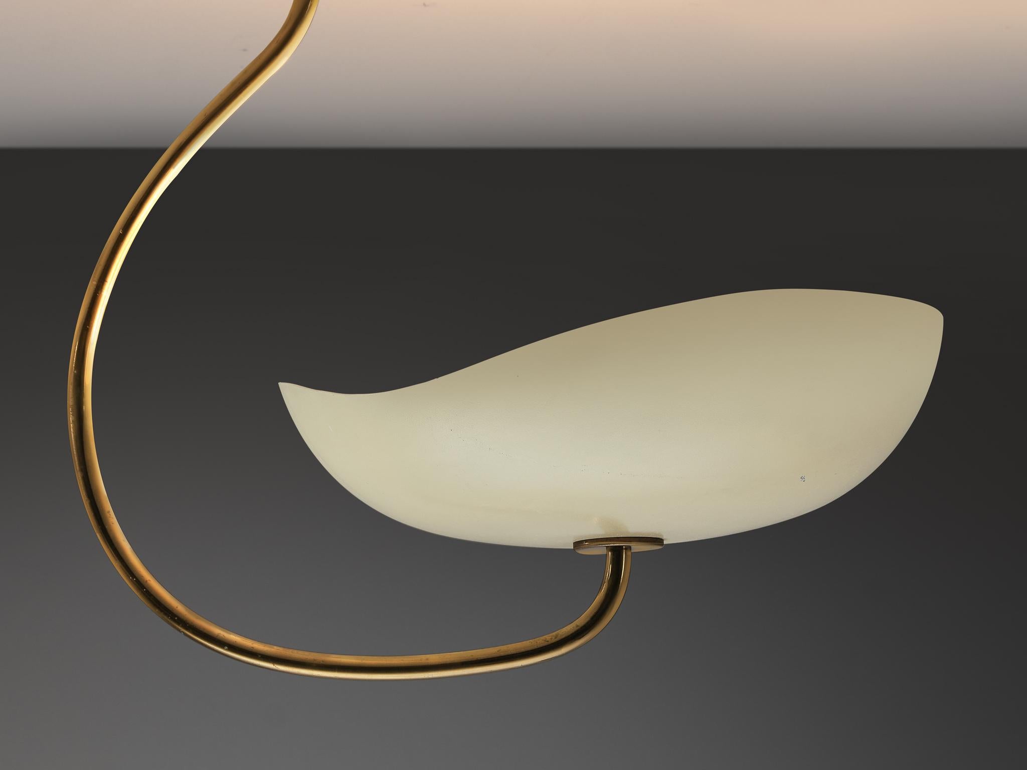 Mid-Century Modern Lumen Organic Chandeliers in Brass with Cream Enameled Aluminum Shades 50s