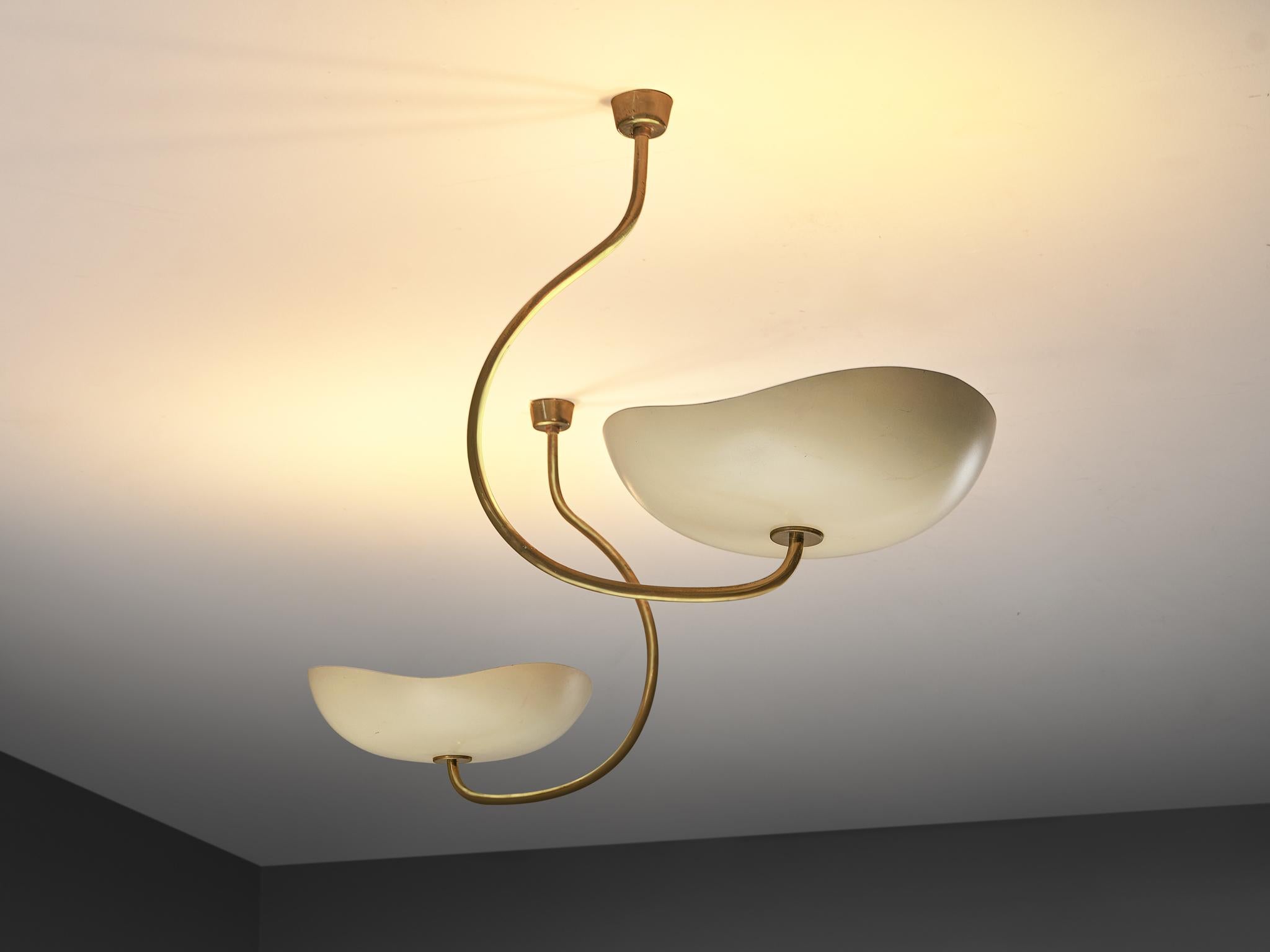 Italian Lumen Organic Chandeliers in Brass with Cream Enameled Aluminum Shades 50s