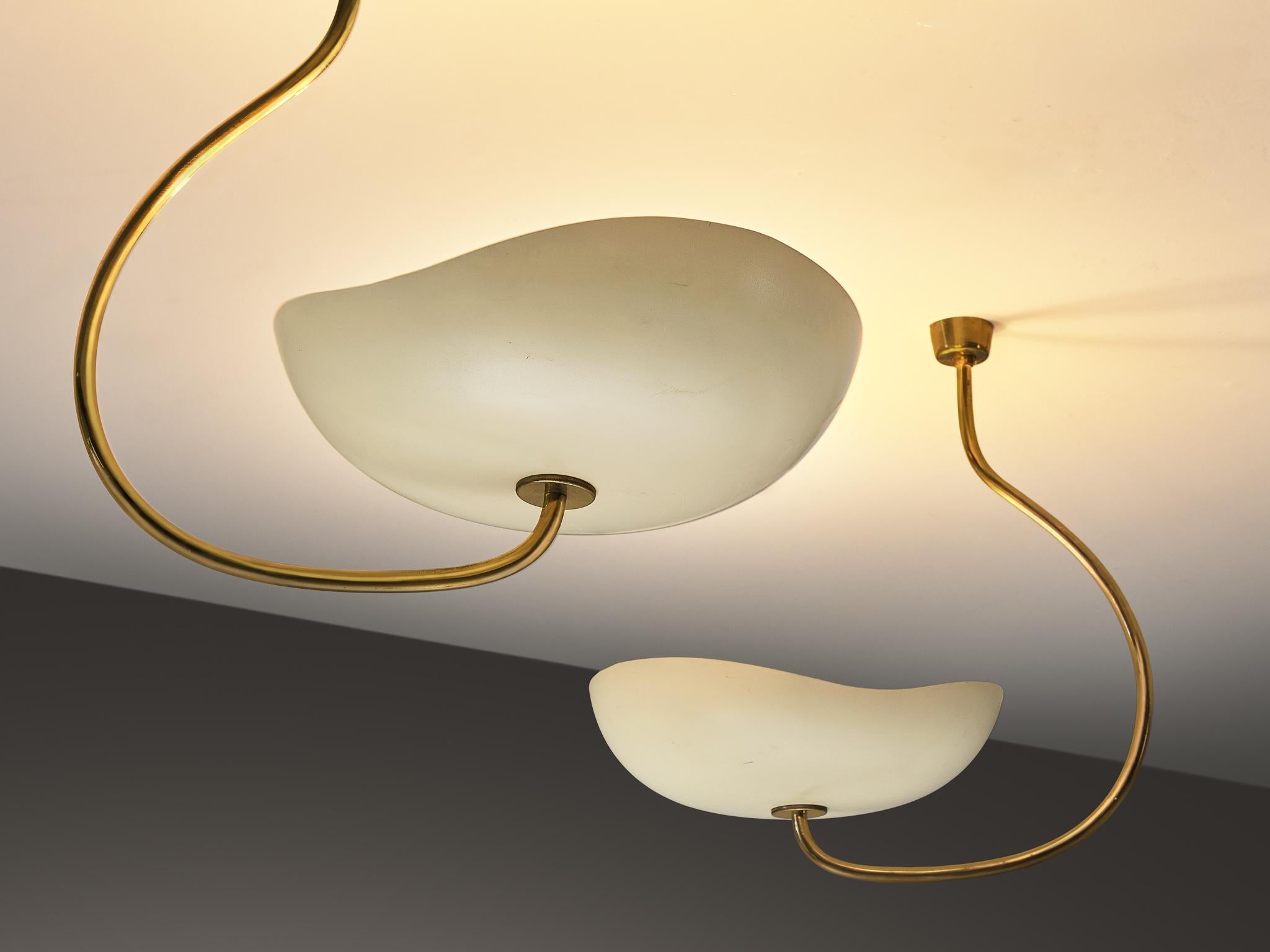 Mid-20th Century Lumen Organic Chandeliers in Brass with Cream Enameled Aluminum Shades 50s