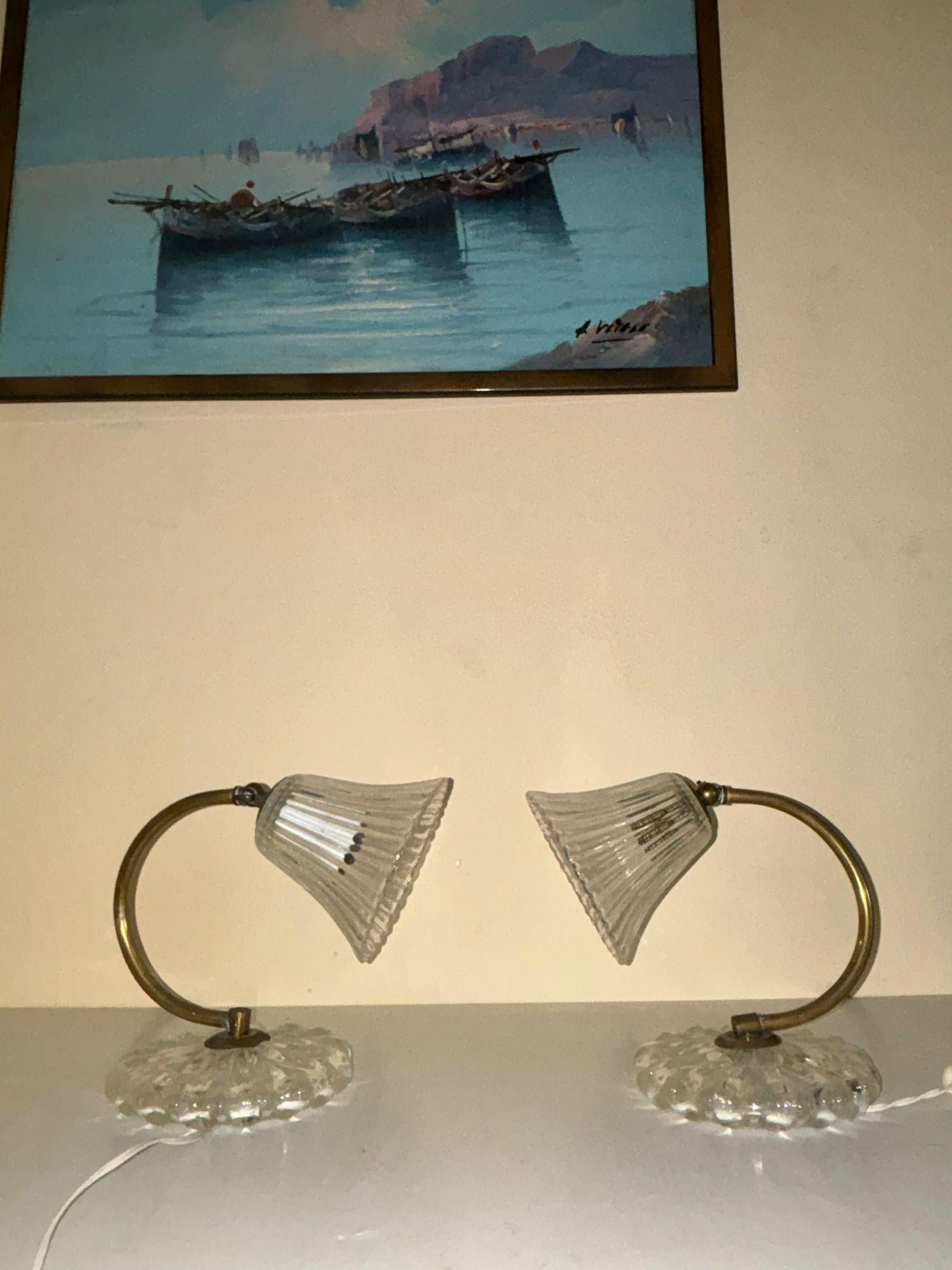 Ottone Due lumi da tavolo in vetro di Murano e ottone di Ercole Barovier Italia anni 40 in vendita