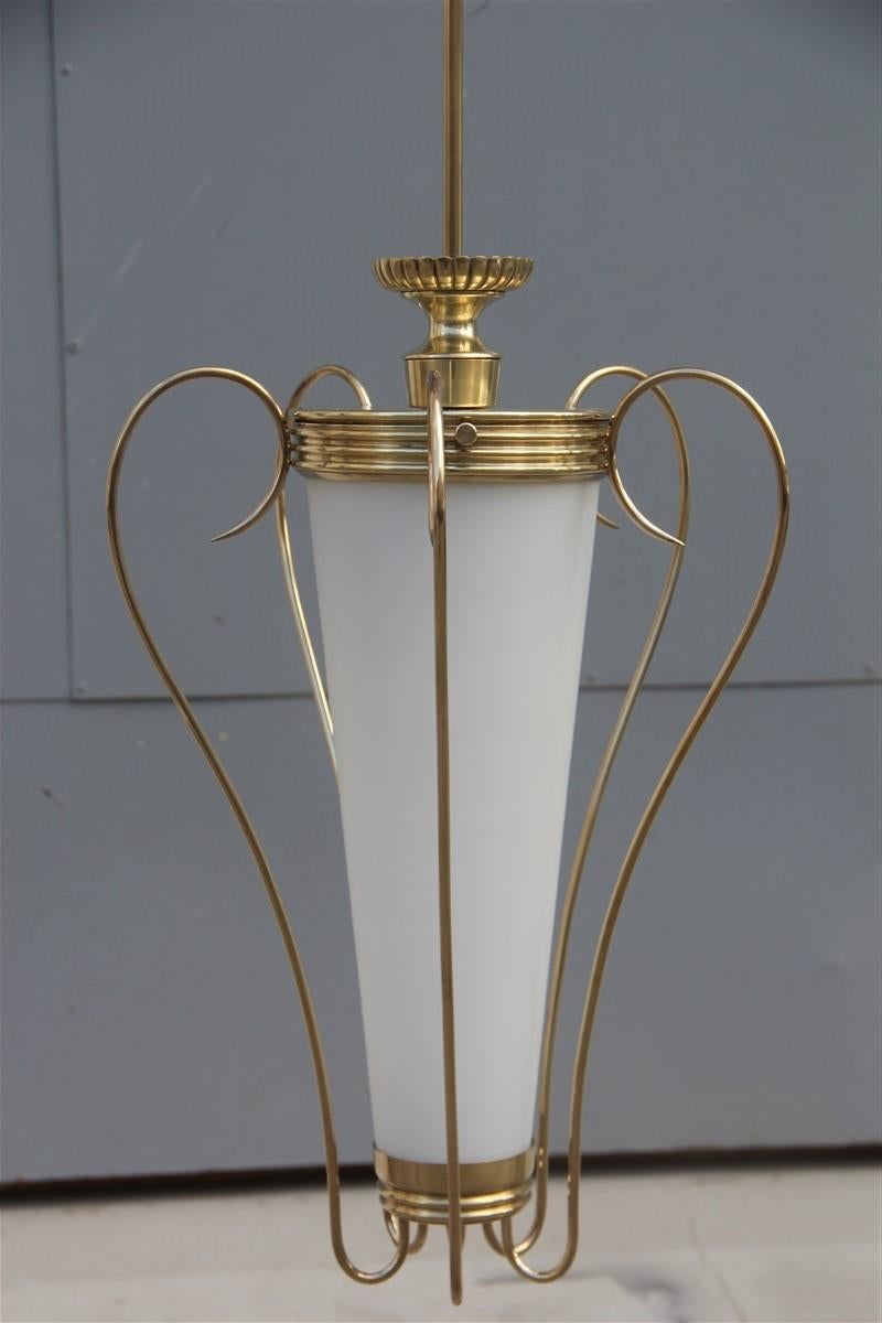 Lumi Lantern Midcentury Italian Design Brass Gold White Murano Glass, 1950s 3