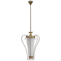 Lumi Lantern Midcentury Italian Design Brass Gold White Murano Glass, 1950s