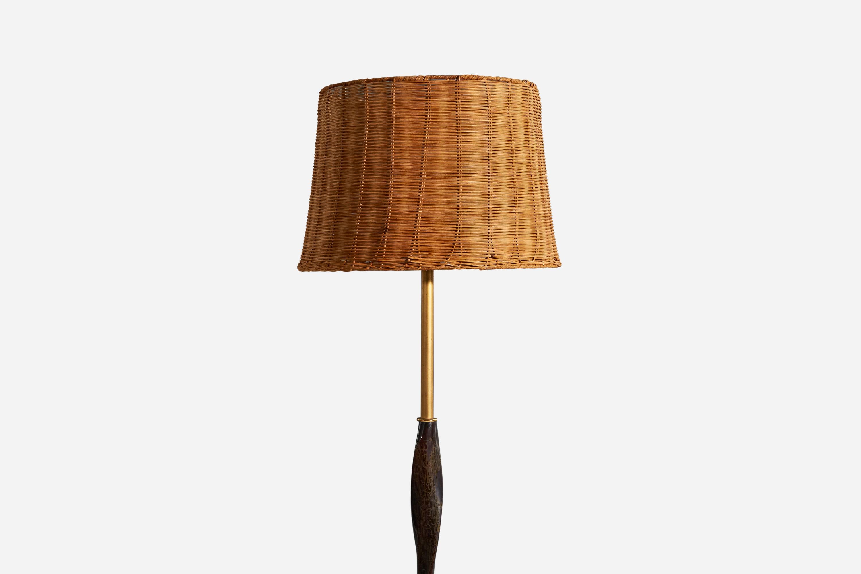 Lumi Milano, Stehlampe, Messing, Holz, Rattan, Mailand, 1940er Jahre (Moderne der Mitte des Jahrhunderts) im Angebot