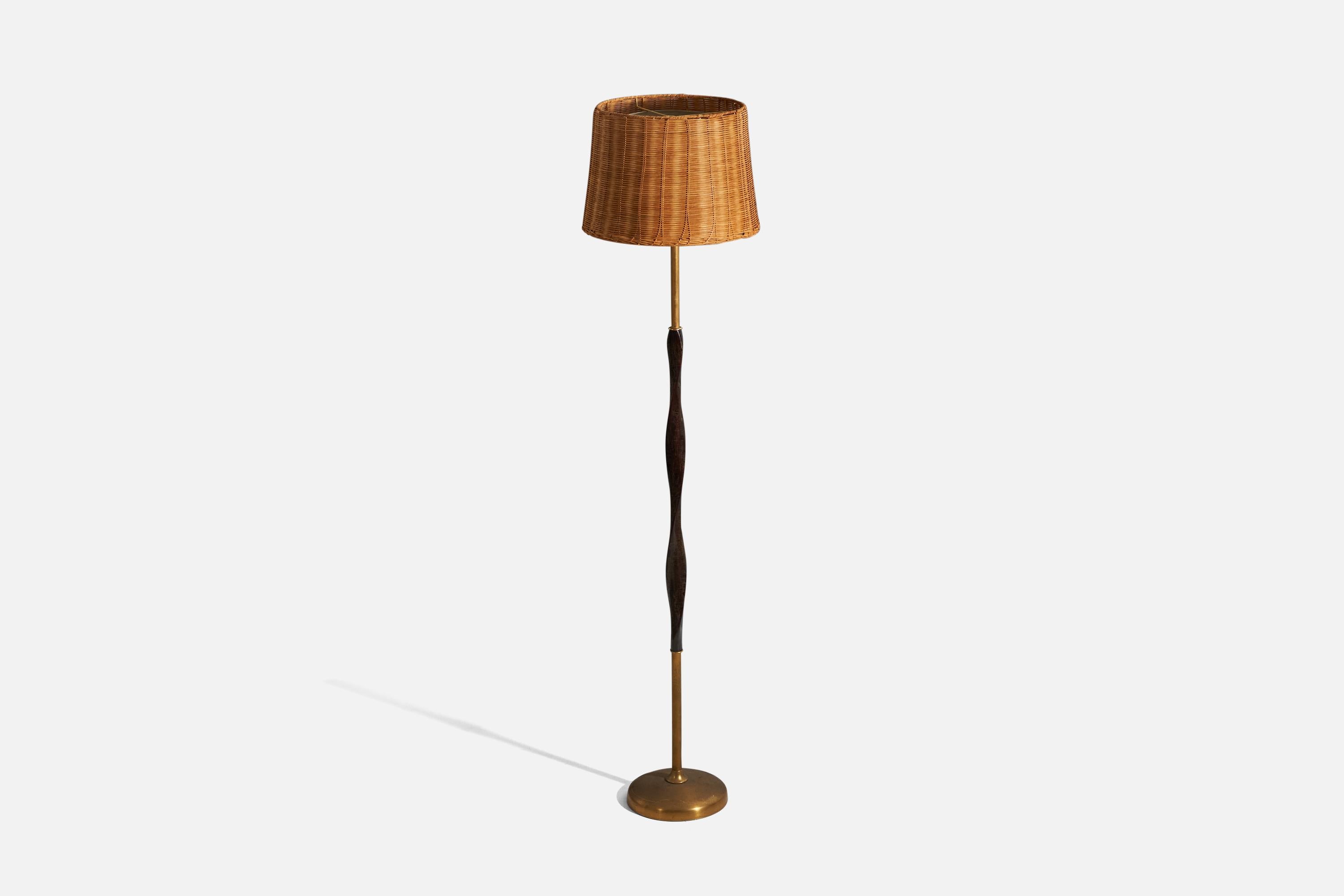 Mid-Century Modern Lumi Milano, Floor Lamp, Brass, Wood, Rattan, Milano, 1940s For Sale