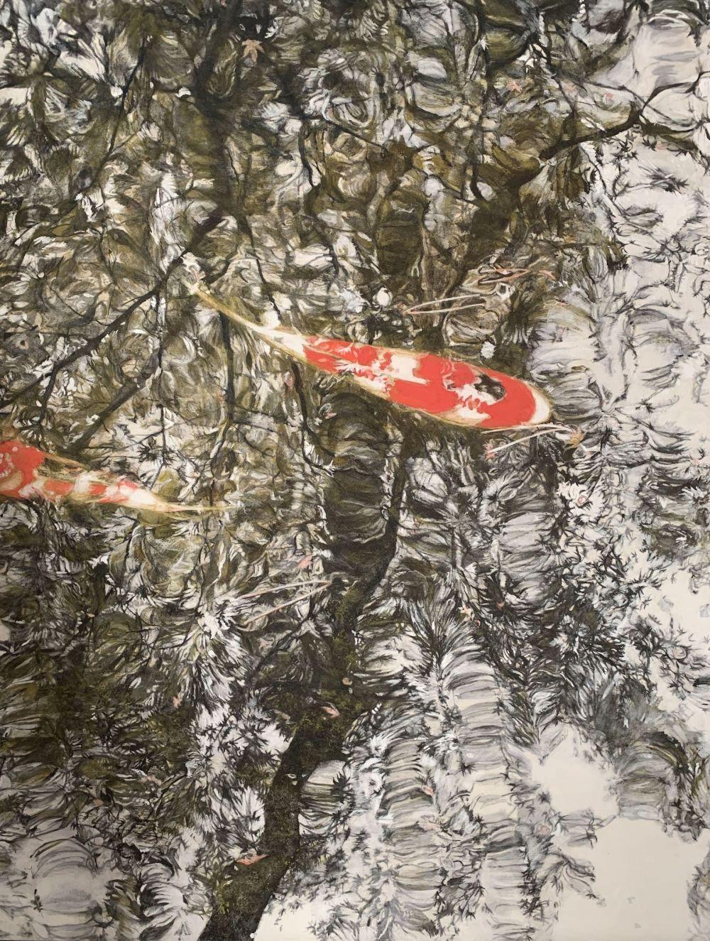 Arrêt du temps III, Les carpes is a unique painting by contemporary artist Lumi Mizutani. The painting is made with pigments, Nikawa glu and Indian ink on panel mounted on Japanese paper, dimensions are 65.5 × 50 cm (25.8 × 19.7 in).
The artwork is