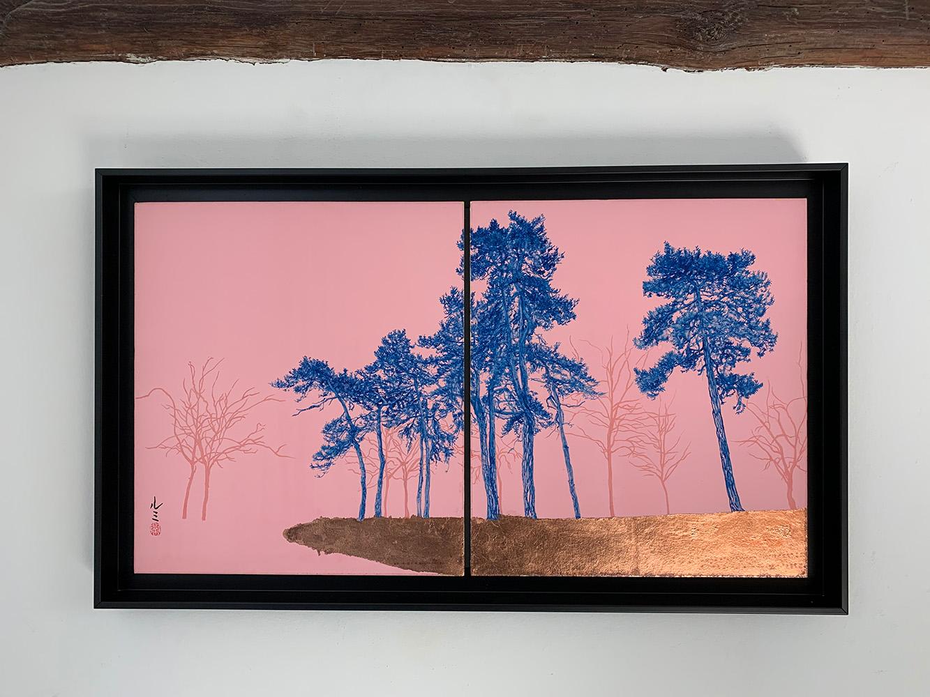 Blue Pines - Day Porters is a unique painting by contemporary artist Lumi Mizutani. The painting is made with Chinese paint, copper leaves on Japanese cardboard, dimensions are 27.3 × 48.4 cm (10.7 × 19.1 in). Dimensions of the framed artwork are