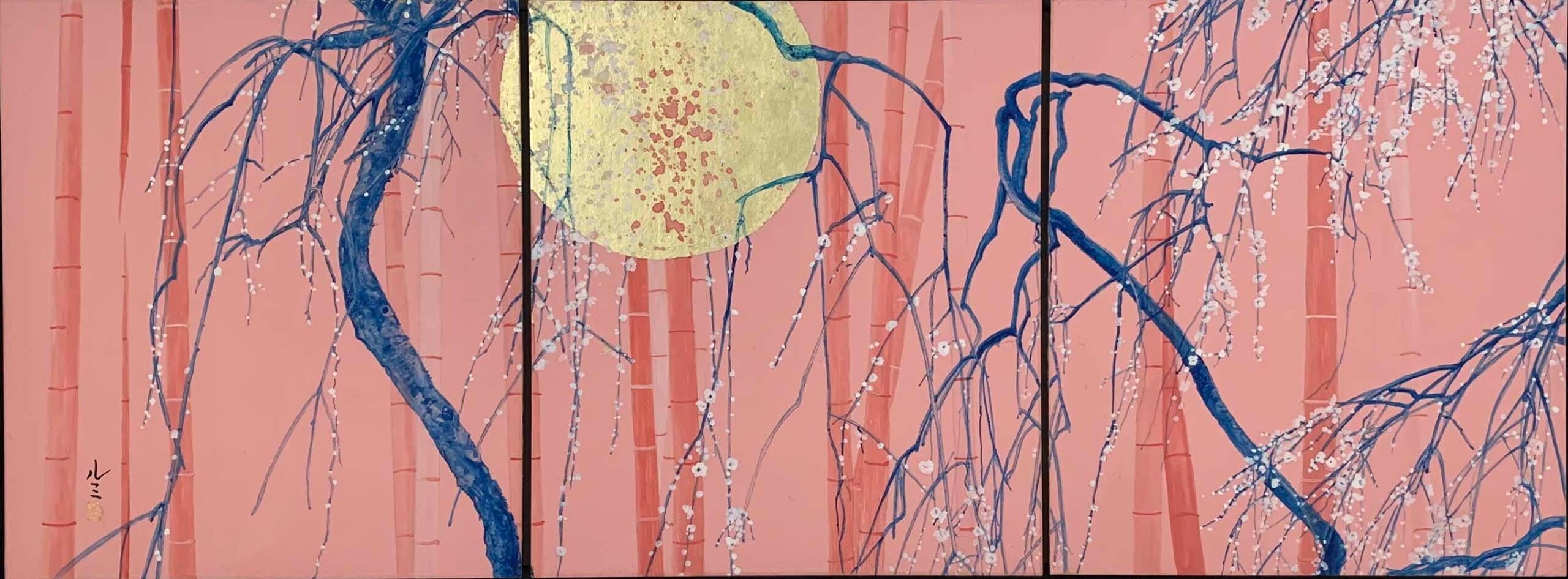 Al chiaro di luna II di Lumi Mizutani - Quadro in stile giapponese, trittico, rosa in vendita 1