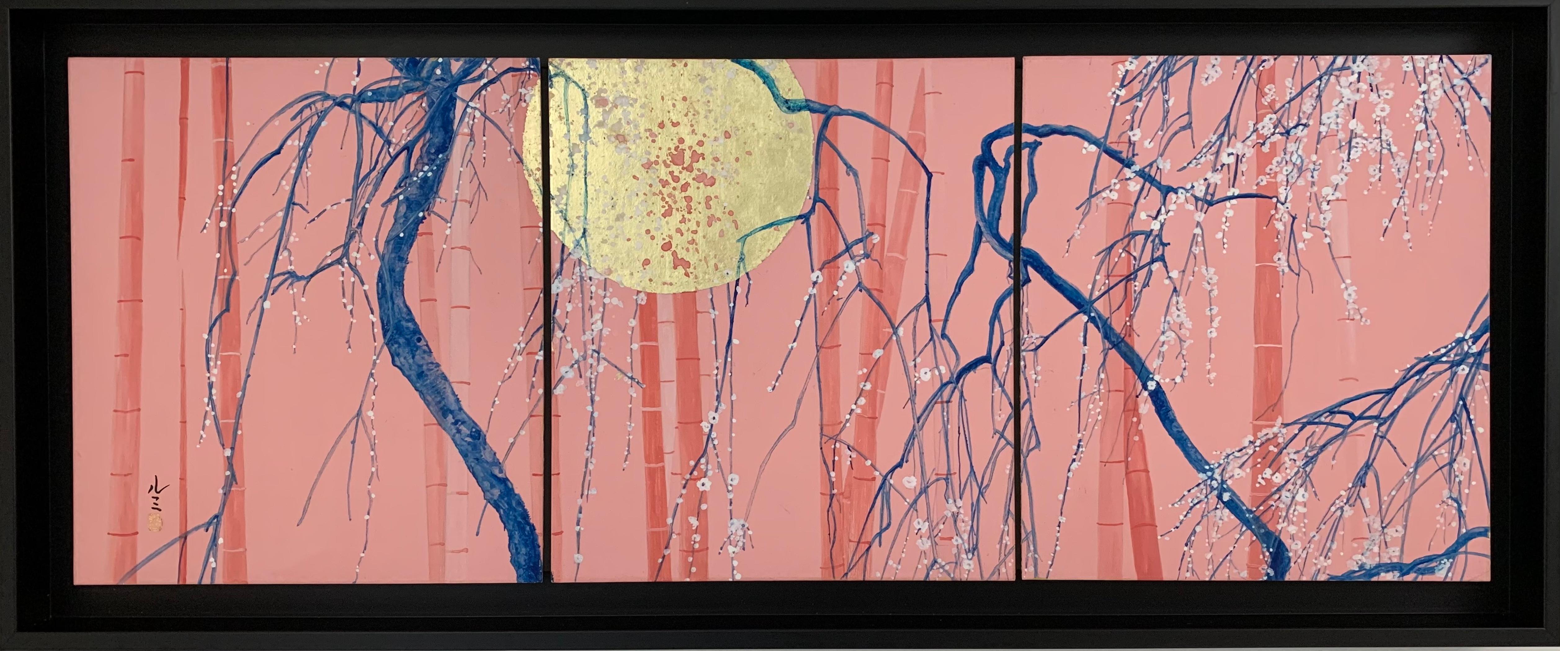 By the moonlight II is a unique painting by Japanese contemporary artist Lumi Mizutani. This painting is made with mixed media and gold leaves on Japanese cardboard, dimensions are 27 × 73 cm (10.6 × 28.7 in). Dimensions of the framed artwork are 34