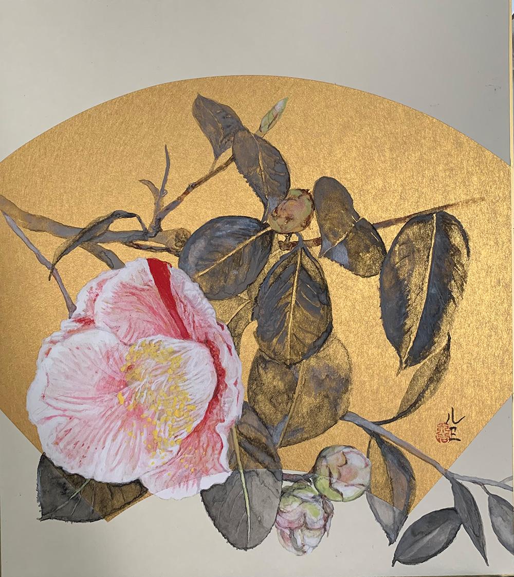 Camellia IV (2022) is a painting by French-Japanese contemporary artist Lumi Mizutani. 
India ink and Japanese pigments on Japanese cardboard, 27.3 cm × 24.2 cm (32,4 x 29,3 cm framed). 
In this series of figurative paintings, Lumi Mizutani pays
