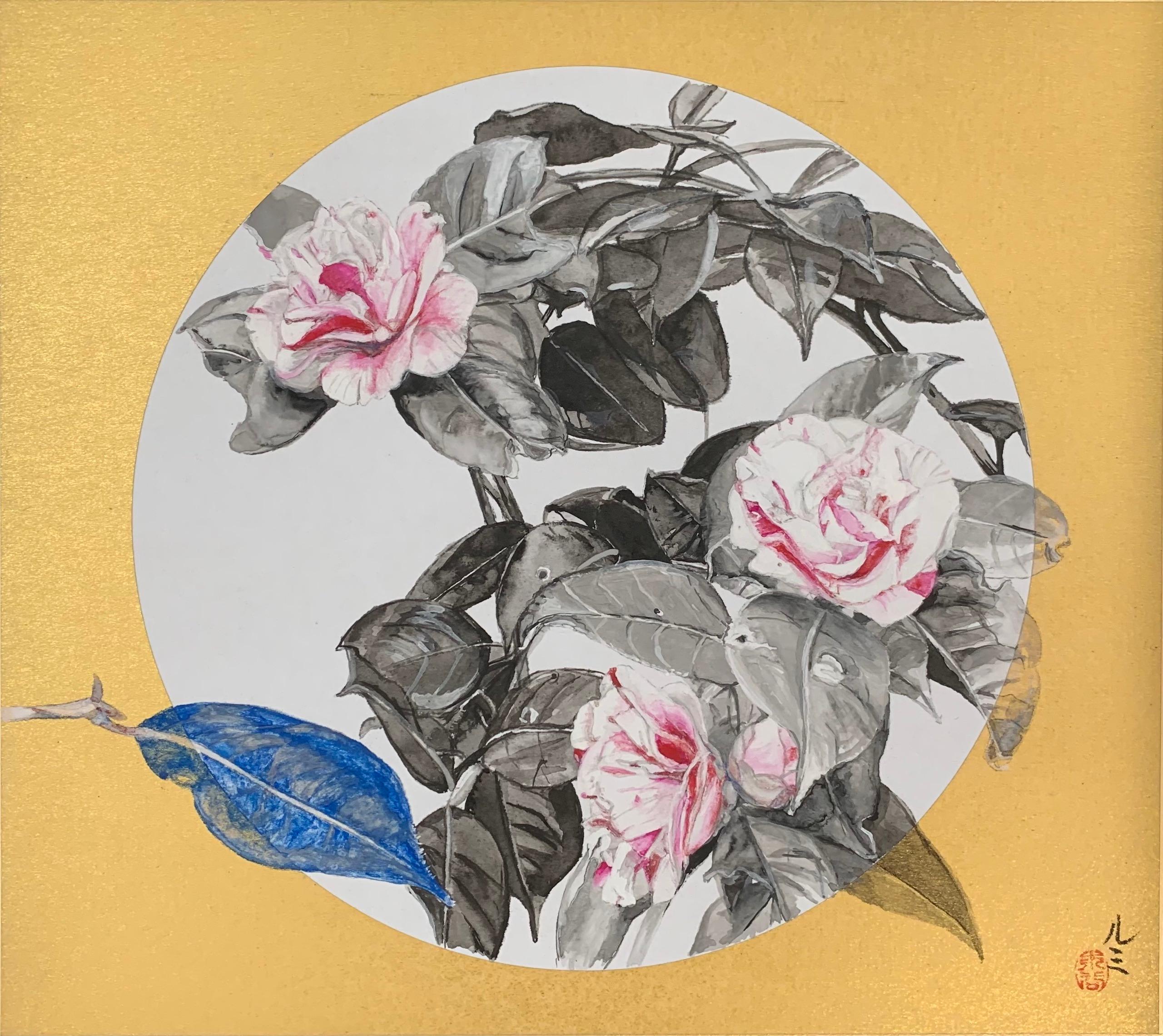 Camellia IX de Lumi Mizutani, peinture de style japonais, fleurs, doré, rose en vente 4