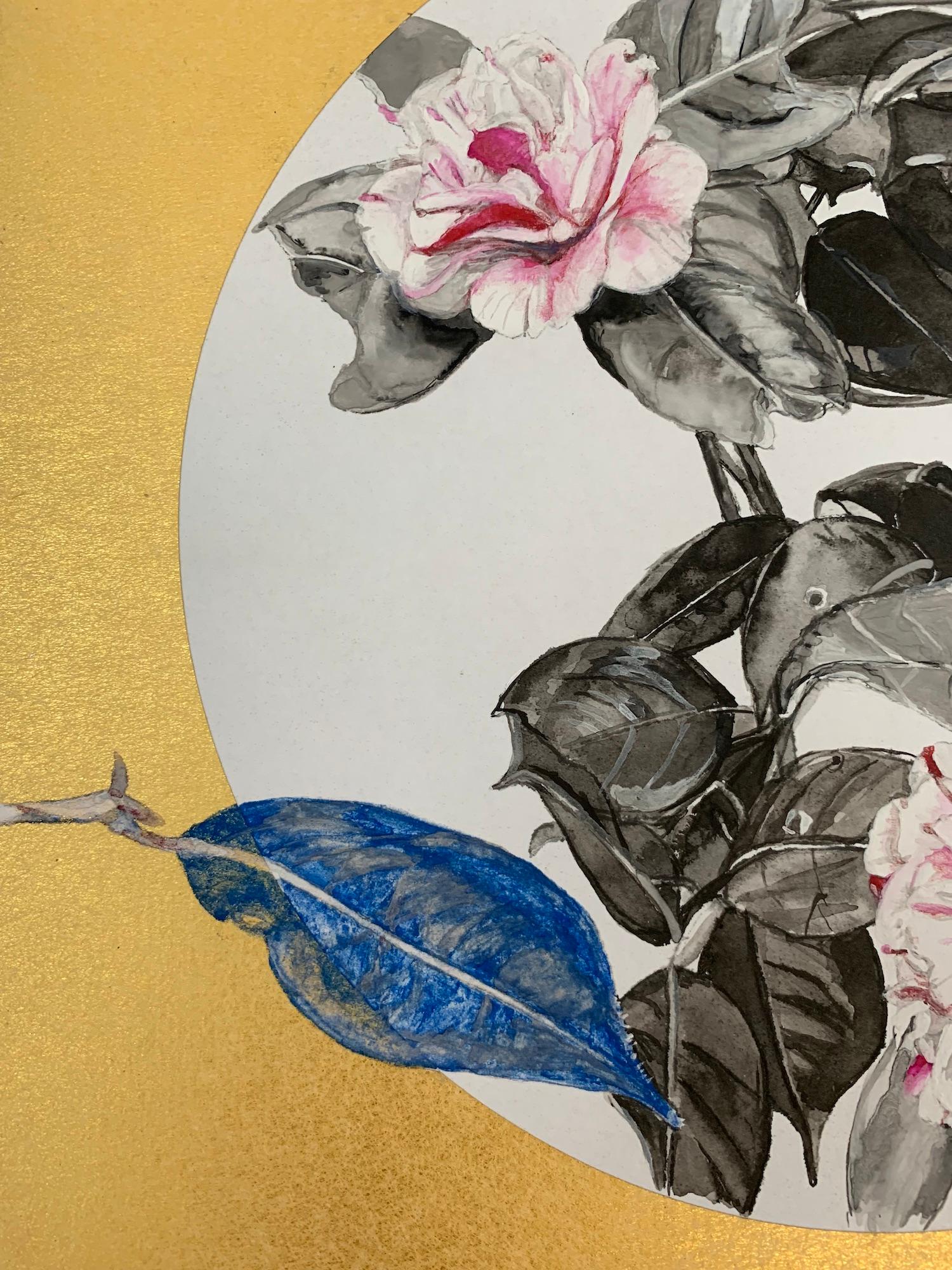 Camellia IX de Lumi Mizutani, peinture de style japonais, fleurs, doré, rose en vente 6