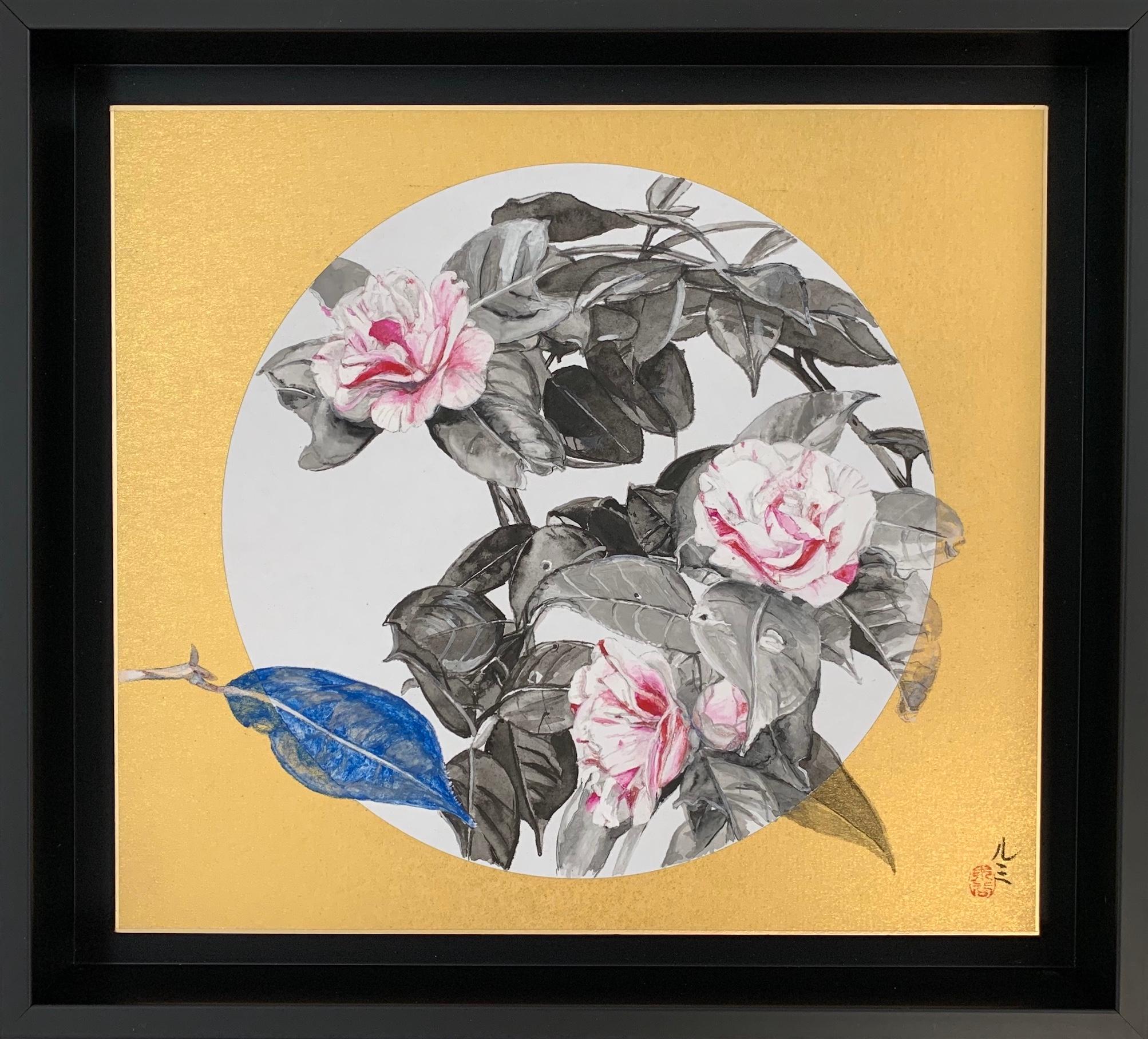 Camellia IX di Lumi Mizutani - Quadro in stile giapponese, fiori, oro, rosa