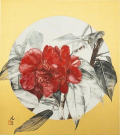 Kamelie VII von Lumi Mizutani – Gemälde im japanischen Stil, Blumen, Blattgold