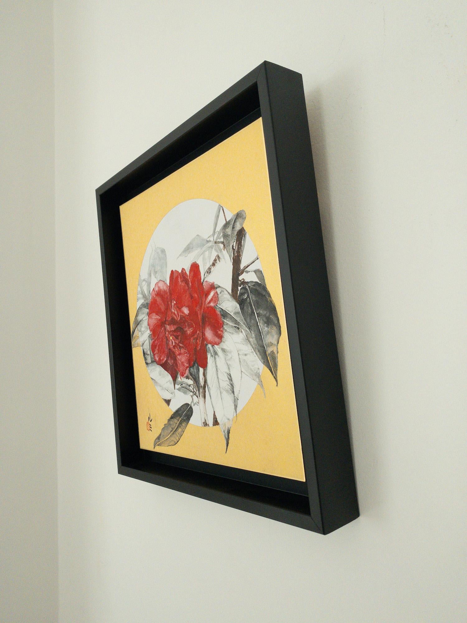 Kamelie VII von Lumi Mizutani – Gemälde im japanischen Stil, Blumen, Blattgold im Angebot 3