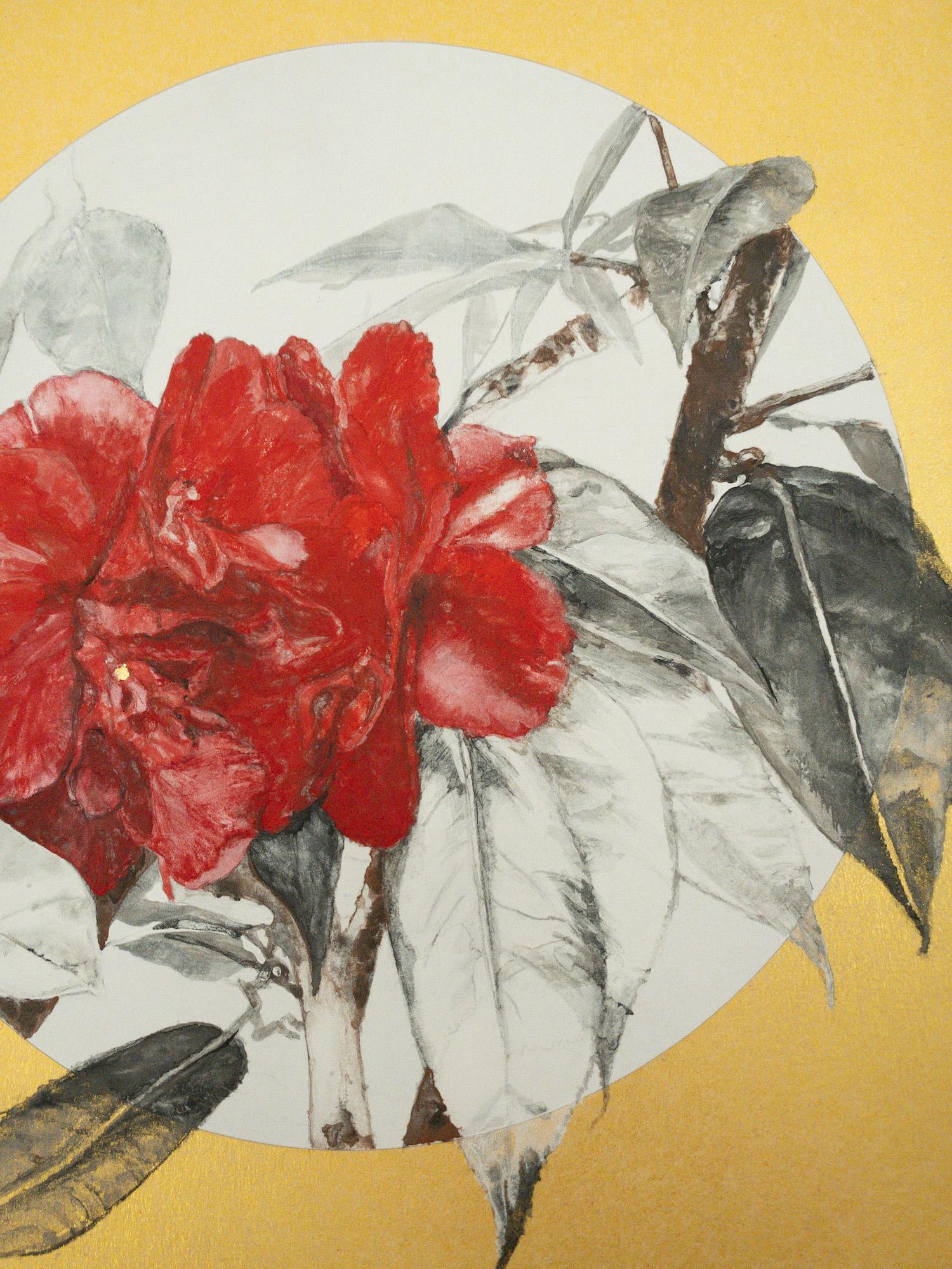 Camellia VII by Lumi Mizutani - Japanese style painting, flowers, gold leaf For Sale 3