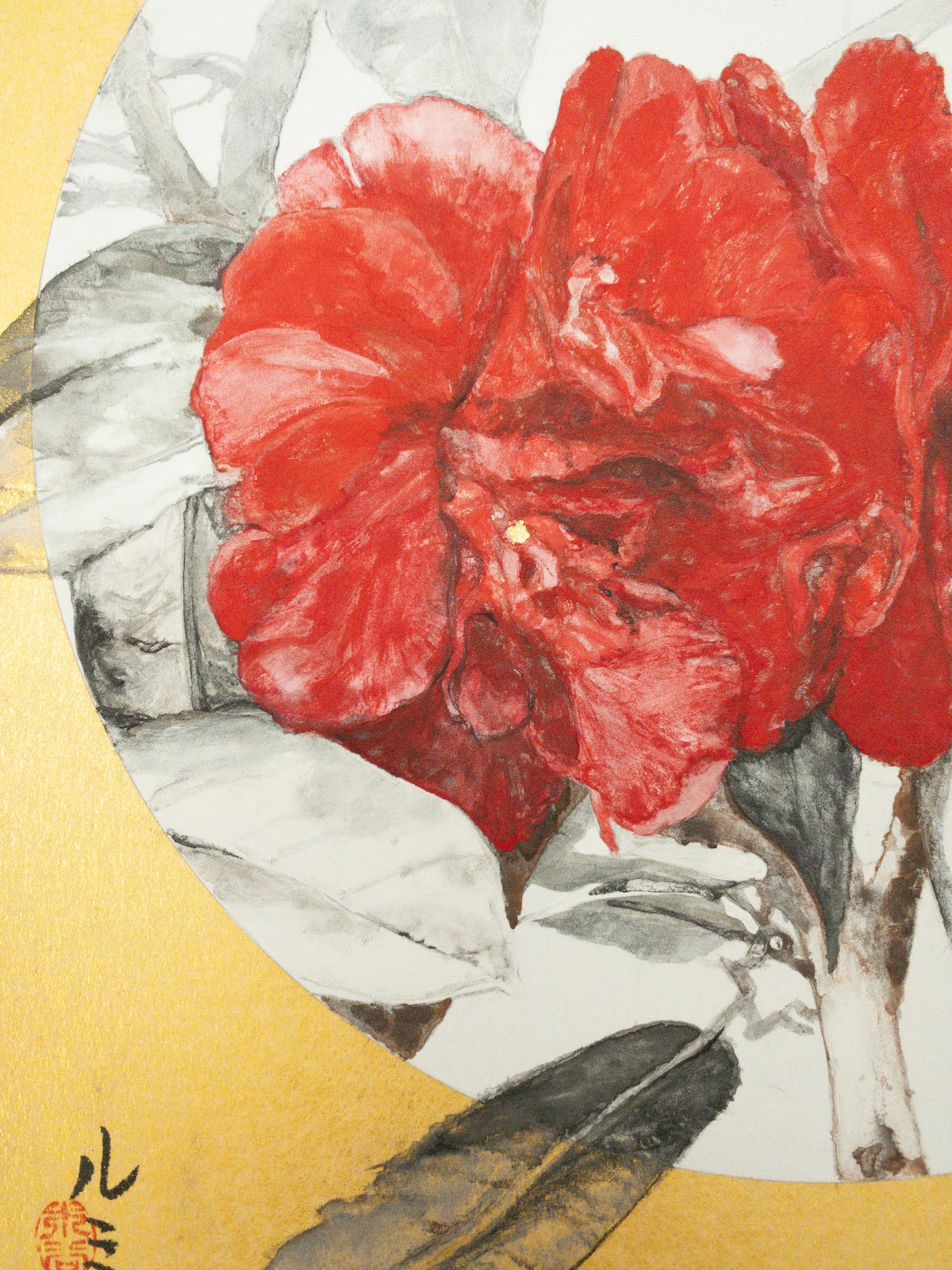Camellia VII by Lumi Mizutani - Japanese style painting, flowers, gold leaf For Sale 4