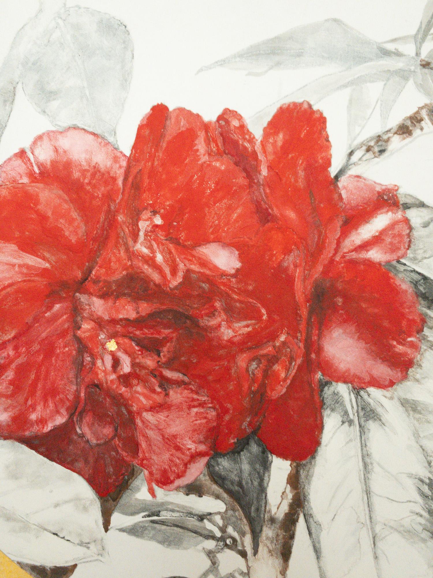 Kamelie VII von Lumi Mizutani – Gemälde im japanischen Stil, Blumen, Blattgold im Angebot 6