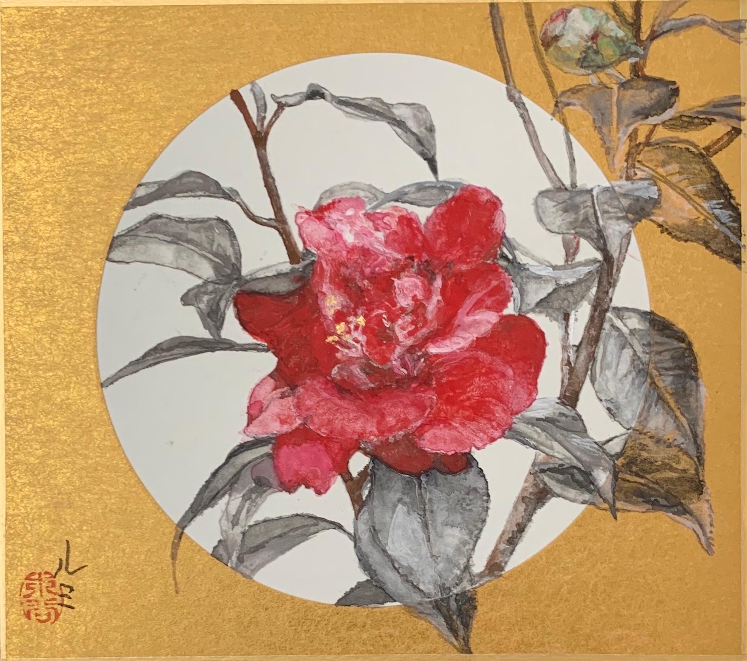Kamelie VIII von Lumi Mizutani – Gemälde im japanischen Stil, Blumen, Blattgold im Angebot 1