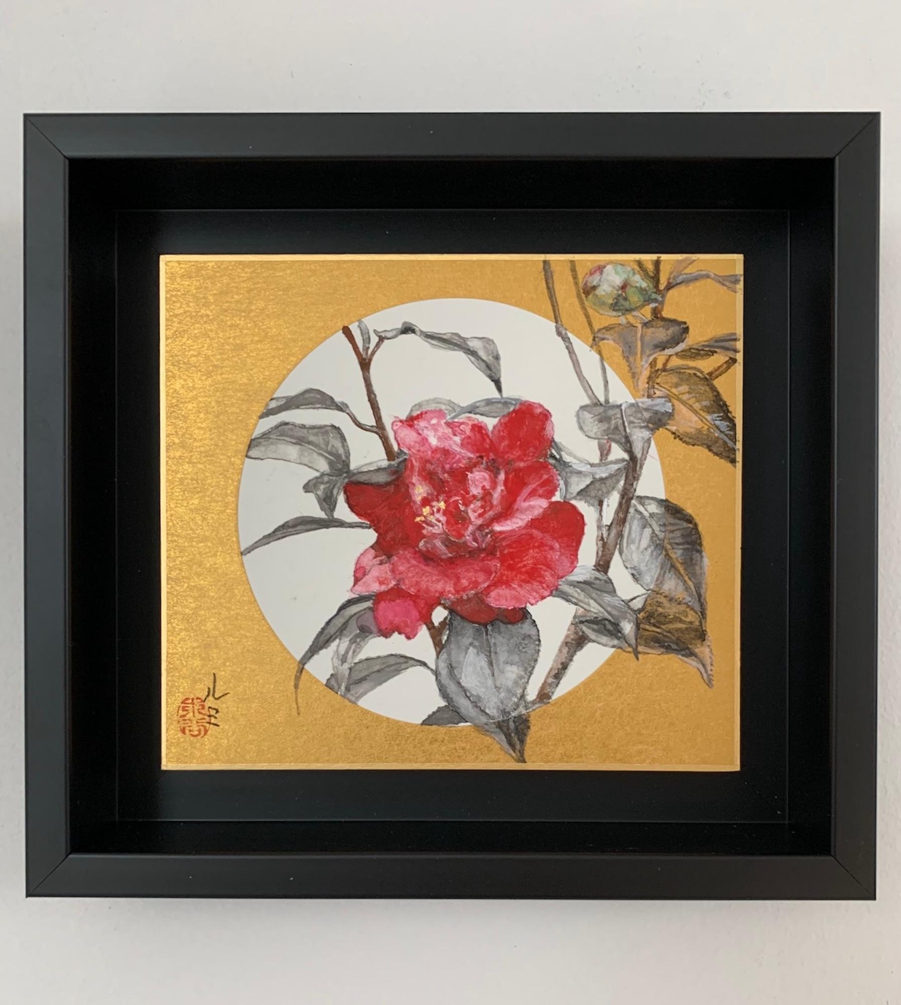 Camellia VIII is a unique painting by Japanese contemporary artist Lumi Mizutani. This painting is made with pigments, India ink and gold leaf on Japanese cardboard, dimensions of the framed artwork are 12.1 × 13.6 cm (4.8 × 5.4 in). 
The artwork is