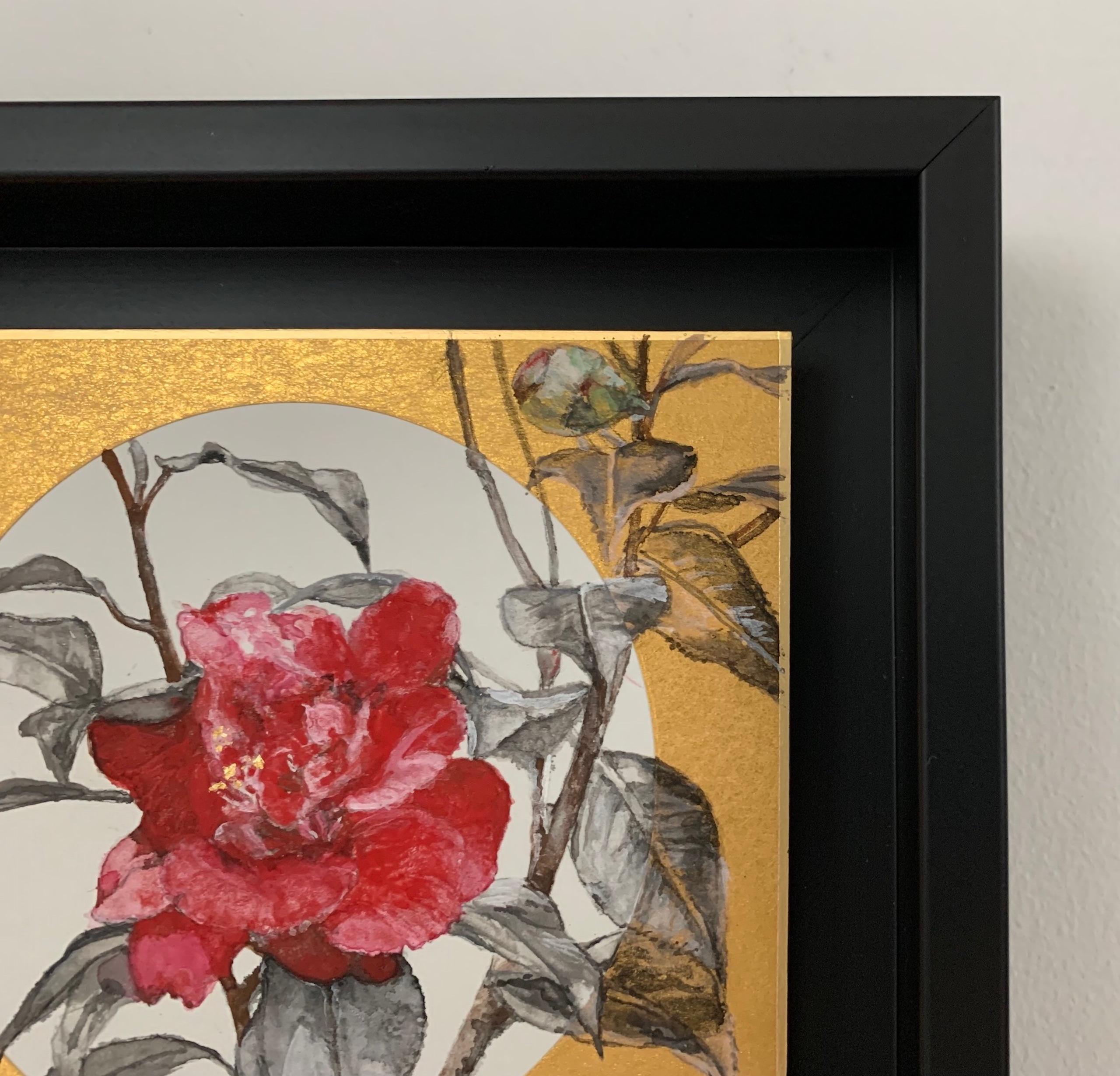 Camellia VIII by Lumi Mizutani - Japanese style painting, flowers, gold leaf For Sale 1
