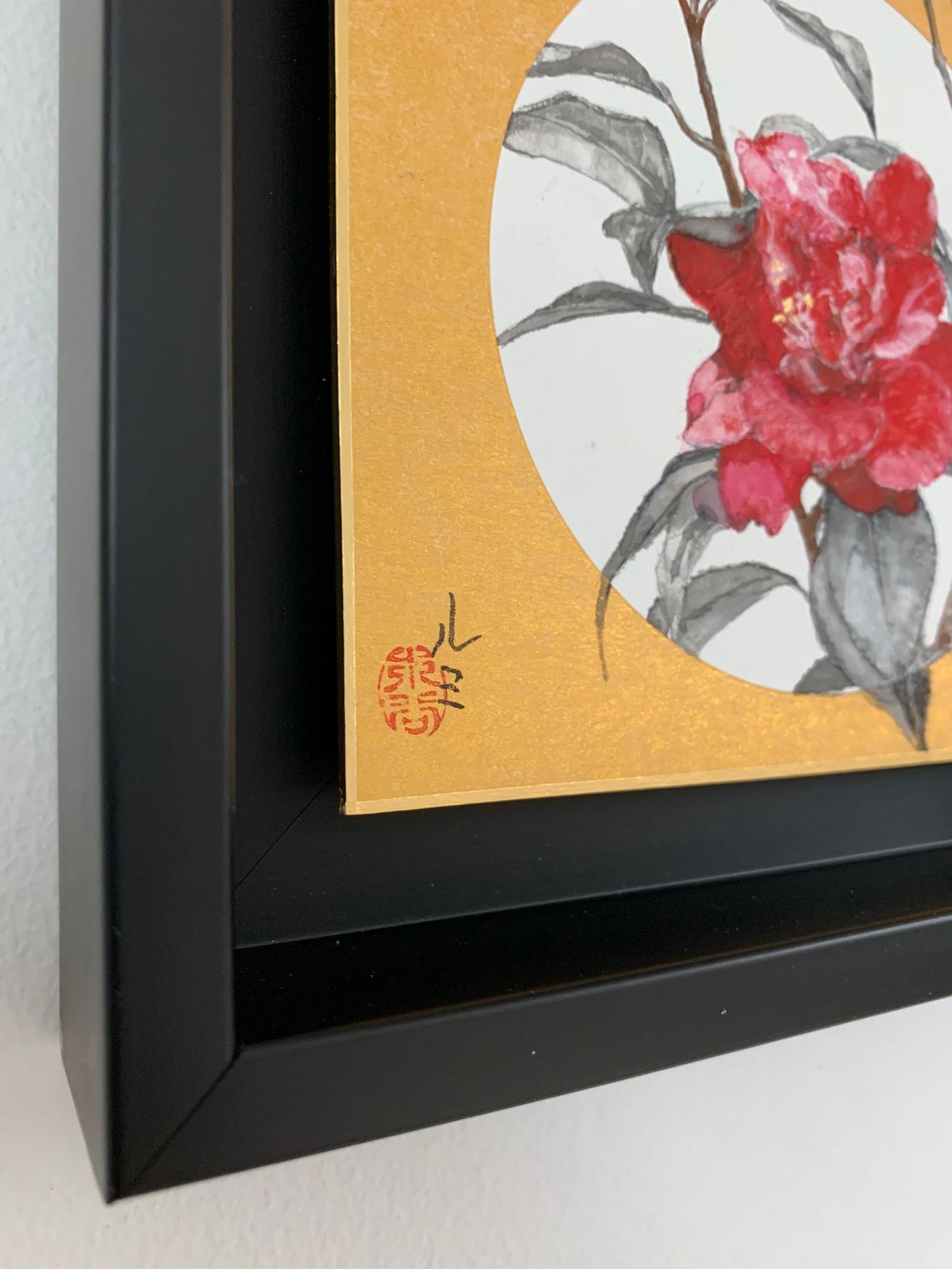 Camellia VIII by Lumi Mizutani - Japanese style painting, flowers, gold leaf For Sale 2