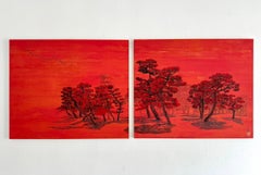 Chatty Trees II, Pines and Migrant Birds by L. Mizutani, Japanese Painting, Red