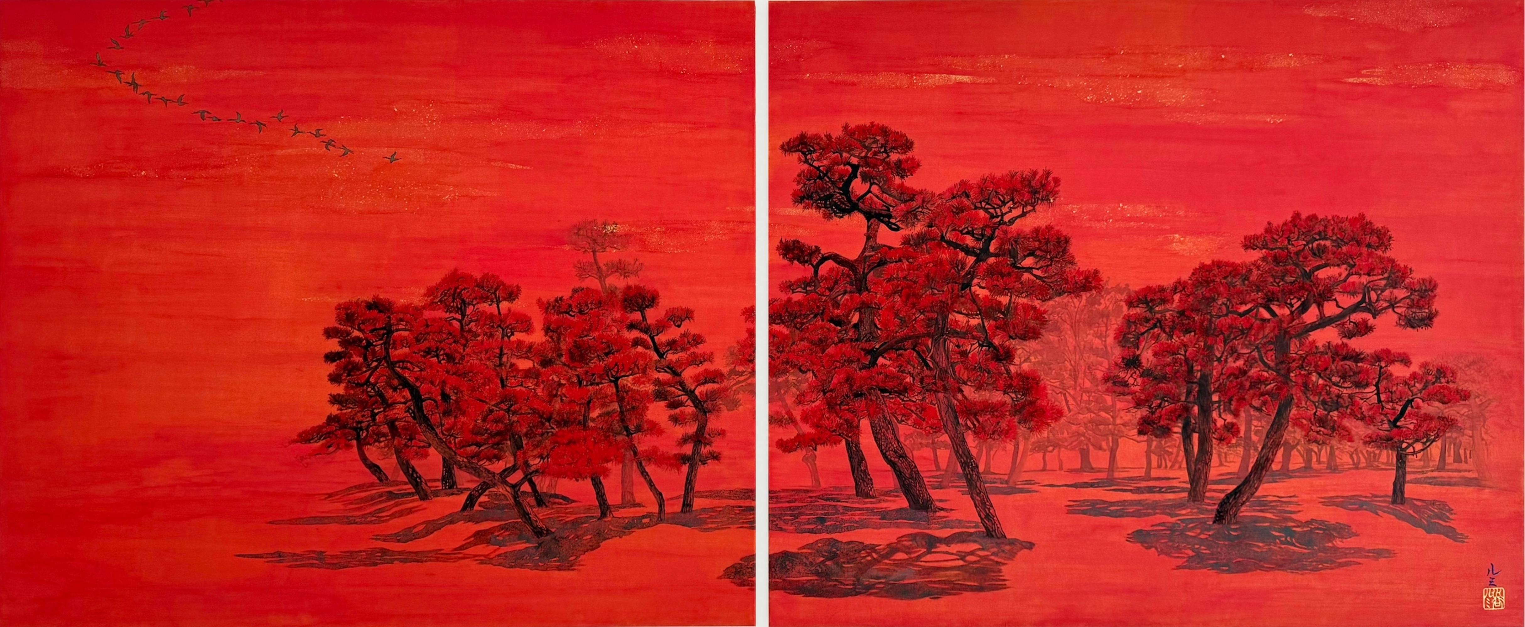 Chatty Trees II, Pines and Migrant Birds by L. Mizutani, Japanese Painting, Red