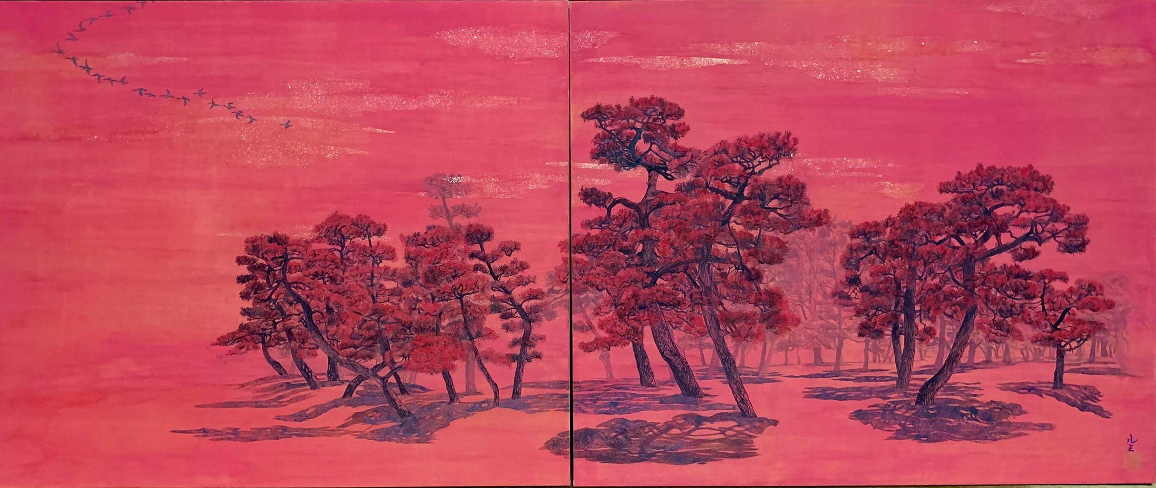 Chatty Trees II - Pines and Migrant Birds, diptych painting by French-Japanese contemporary artist Lumi Mizutani. 
Pigments, Indian ink and gold leaf on Japanese paper mounted on panel, 60.6 cm x 145.4 cm // 23.85 in. x 57.24 in.
In this series of