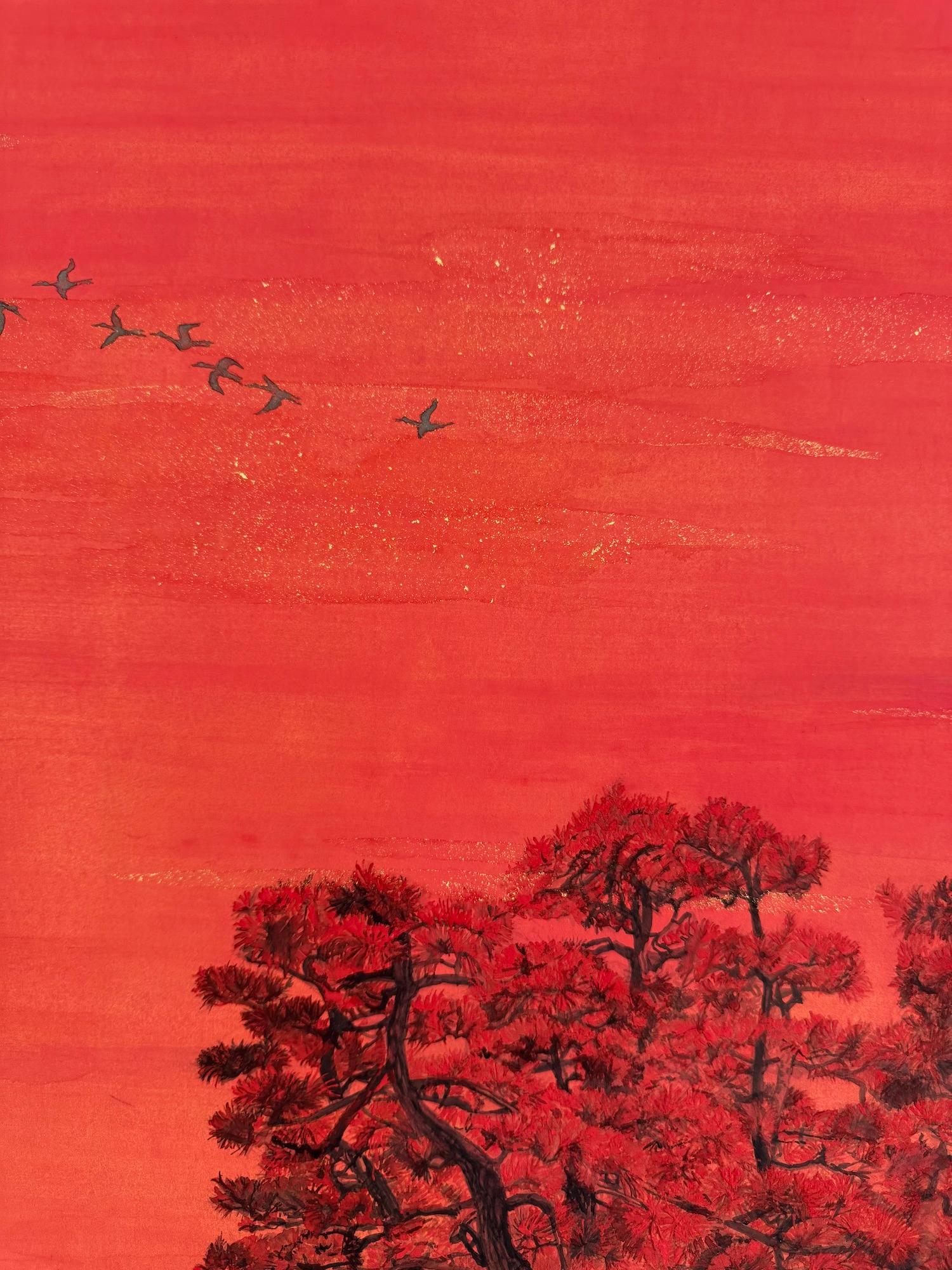 Alberi chiacchieroni II, pini e uccelli migratori di Lumi Mizutani - Pittura giapponese in vendita 11
