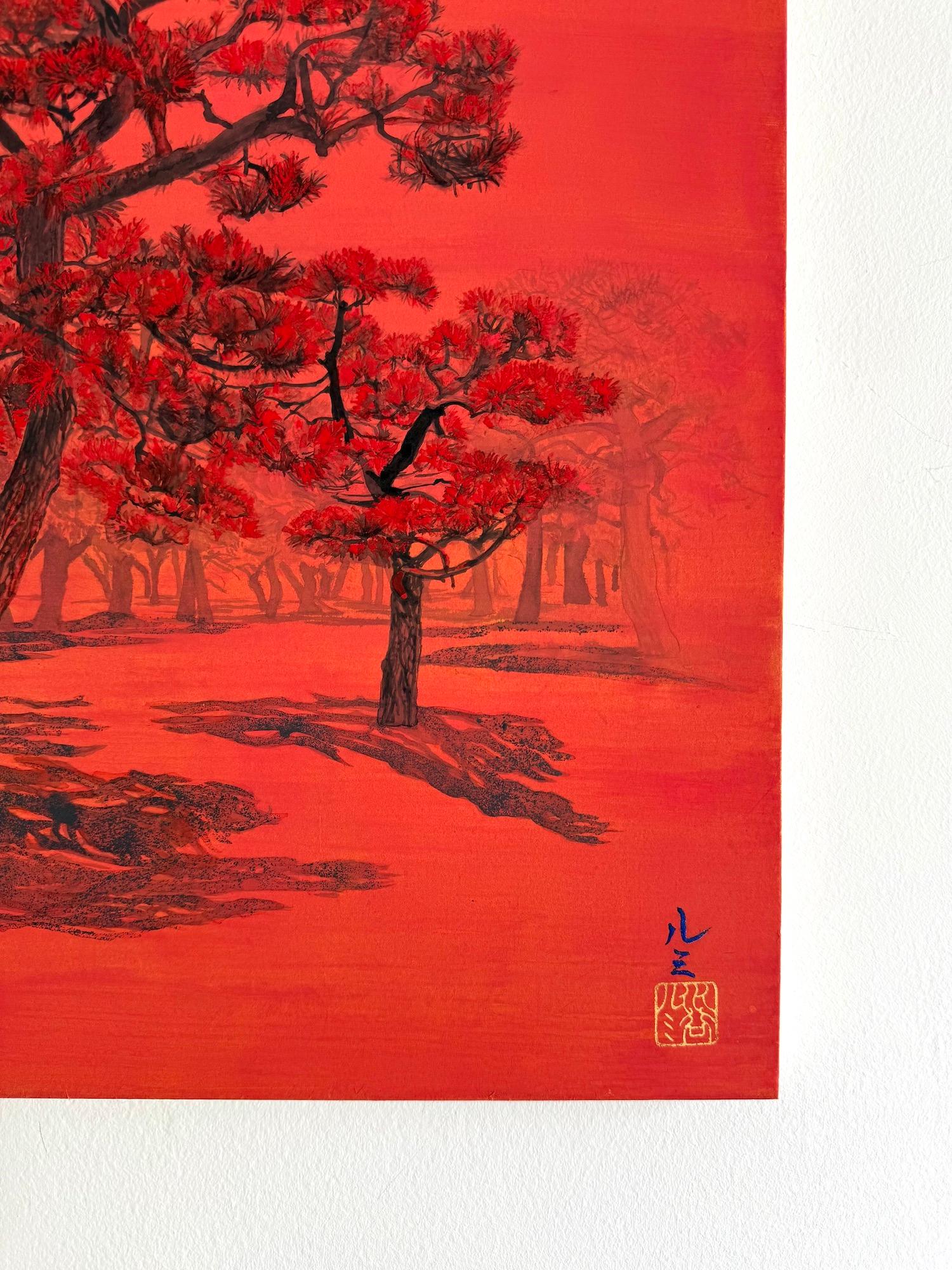 Alberi chiacchieroni II, pini e uccelli migratori di Lumi Mizutani - Pittura giapponese in vendita 12