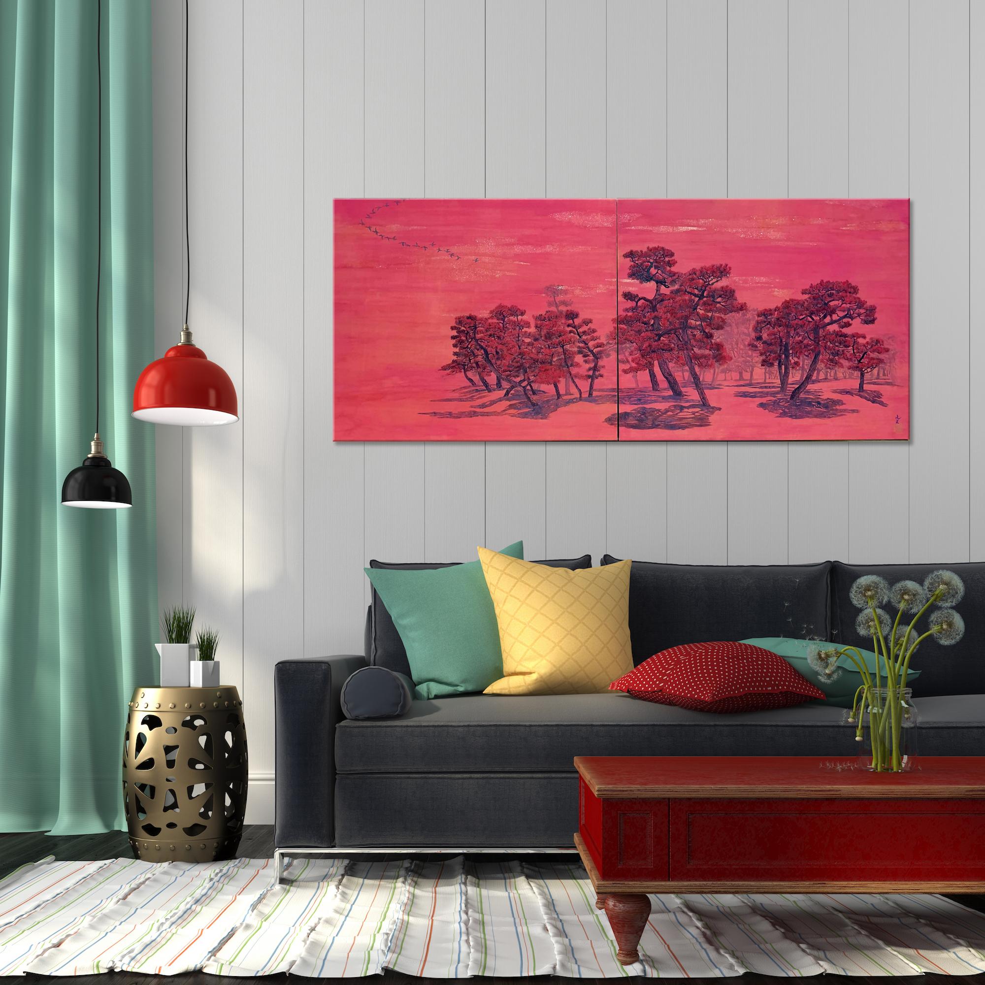 Árboles parlanchines II, pinos y aves migratorias de Lumi Mizutani - Pintura japonesa en venta 1