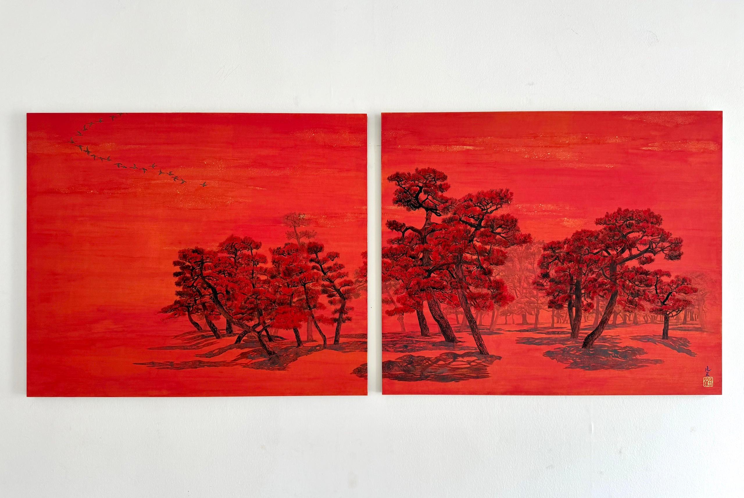 Alberi chiacchieroni II, pini e uccelli migratori di Lumi Mizutani - Pittura giapponese in vendita 1