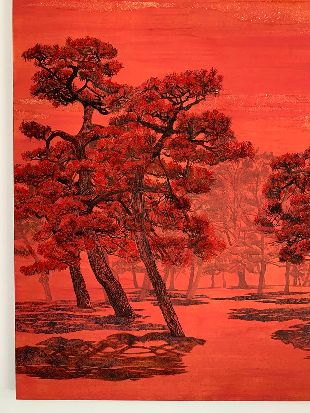 Árboles parlanchines II, pinos y aves migratorias de Lumi Mizutani - Pintura japonesa en venta 2