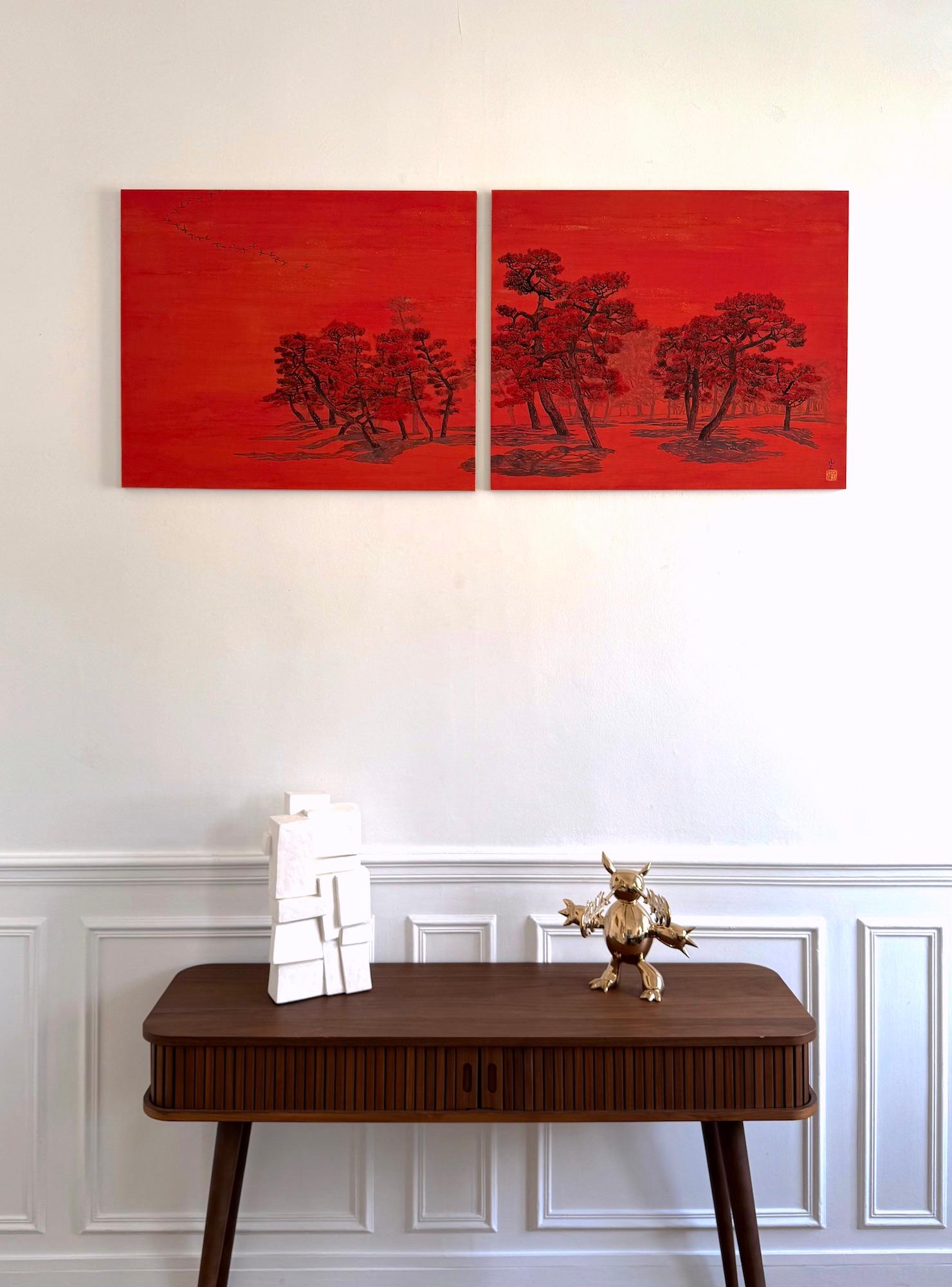 Alberi chiacchieroni II, pini e uccelli migratori di Lumi Mizutani - Pittura giapponese in vendita 2