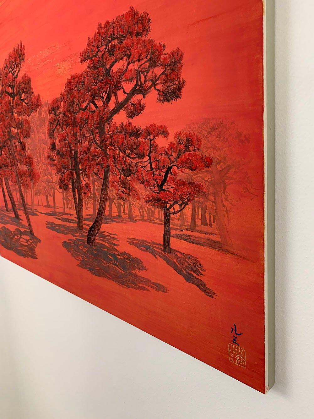 Árboles parlanchines II, pinos y aves migratorias de Lumi Mizutani - Pintura japonesa en venta 3