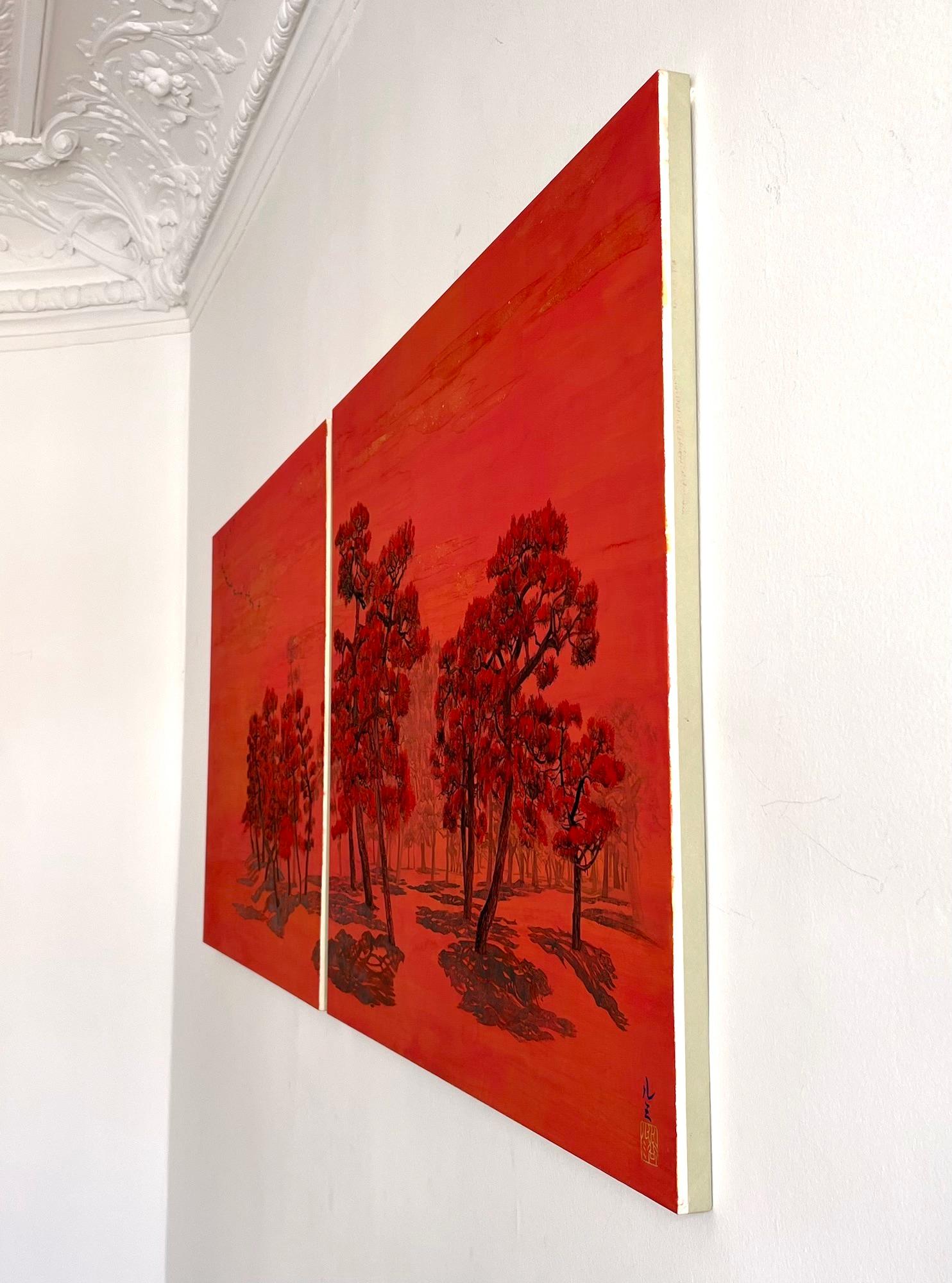 Alberi chiacchieroni II, pini e uccelli migratori di Lumi Mizutani - Pittura giapponese in vendita 3