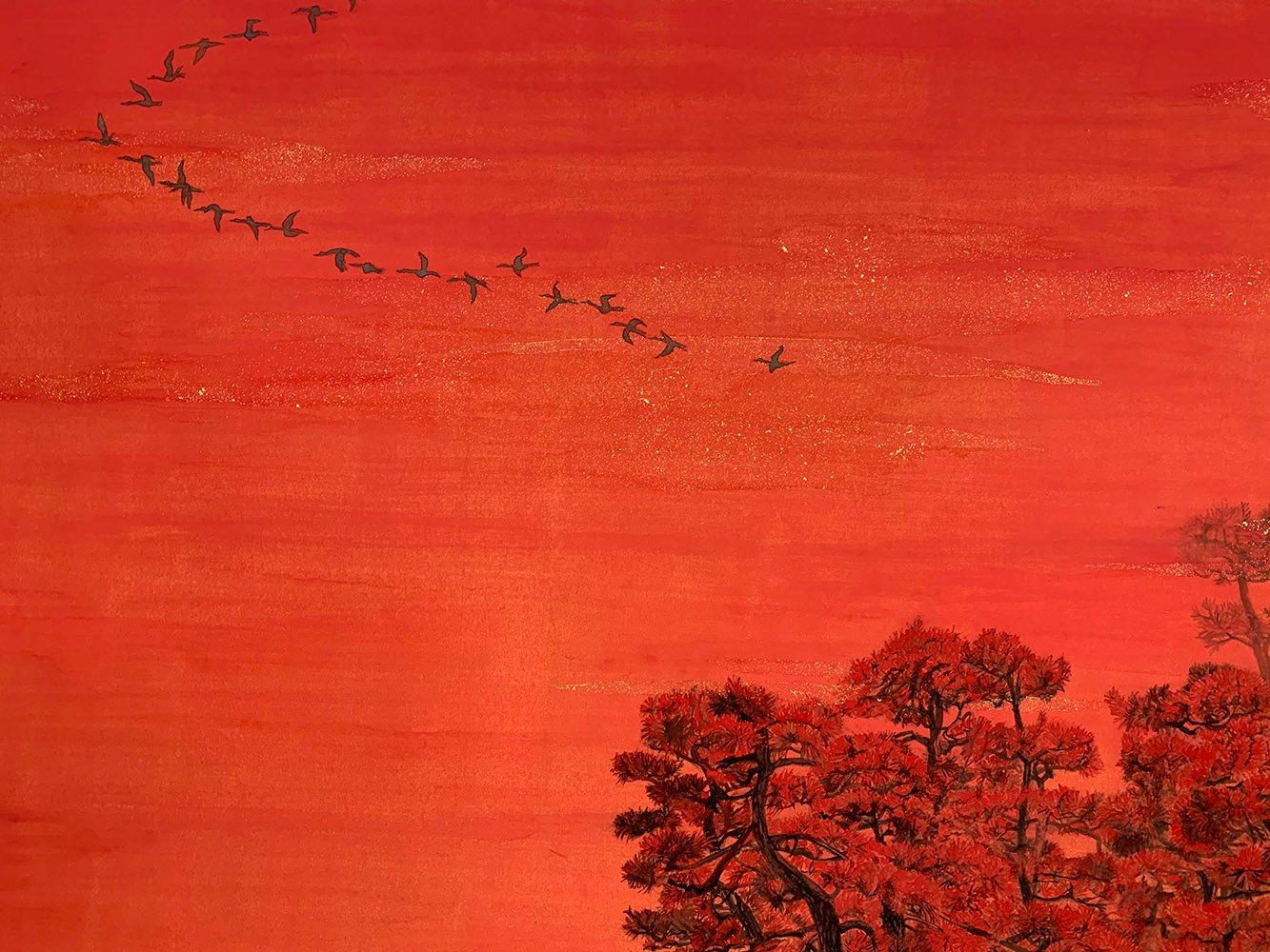 Árboles parlanchines II, pinos y aves migratorias de Lumi Mizutani - Pintura japonesa en venta 4
