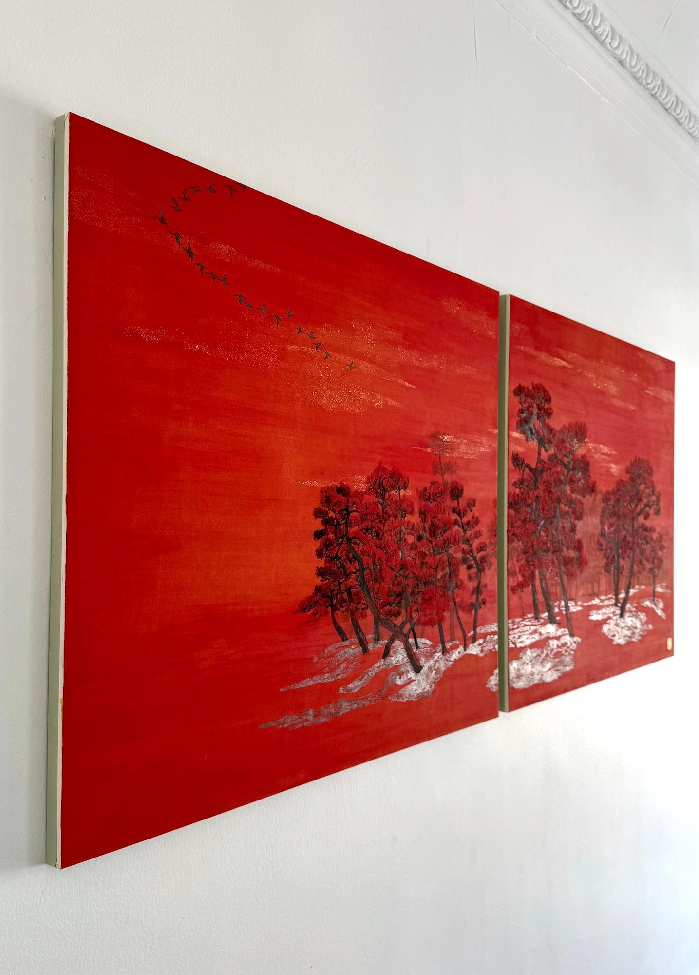 Alberi chiacchieroni II, pini e uccelli migratori di Lumi Mizutani - Pittura giapponese in vendita 4