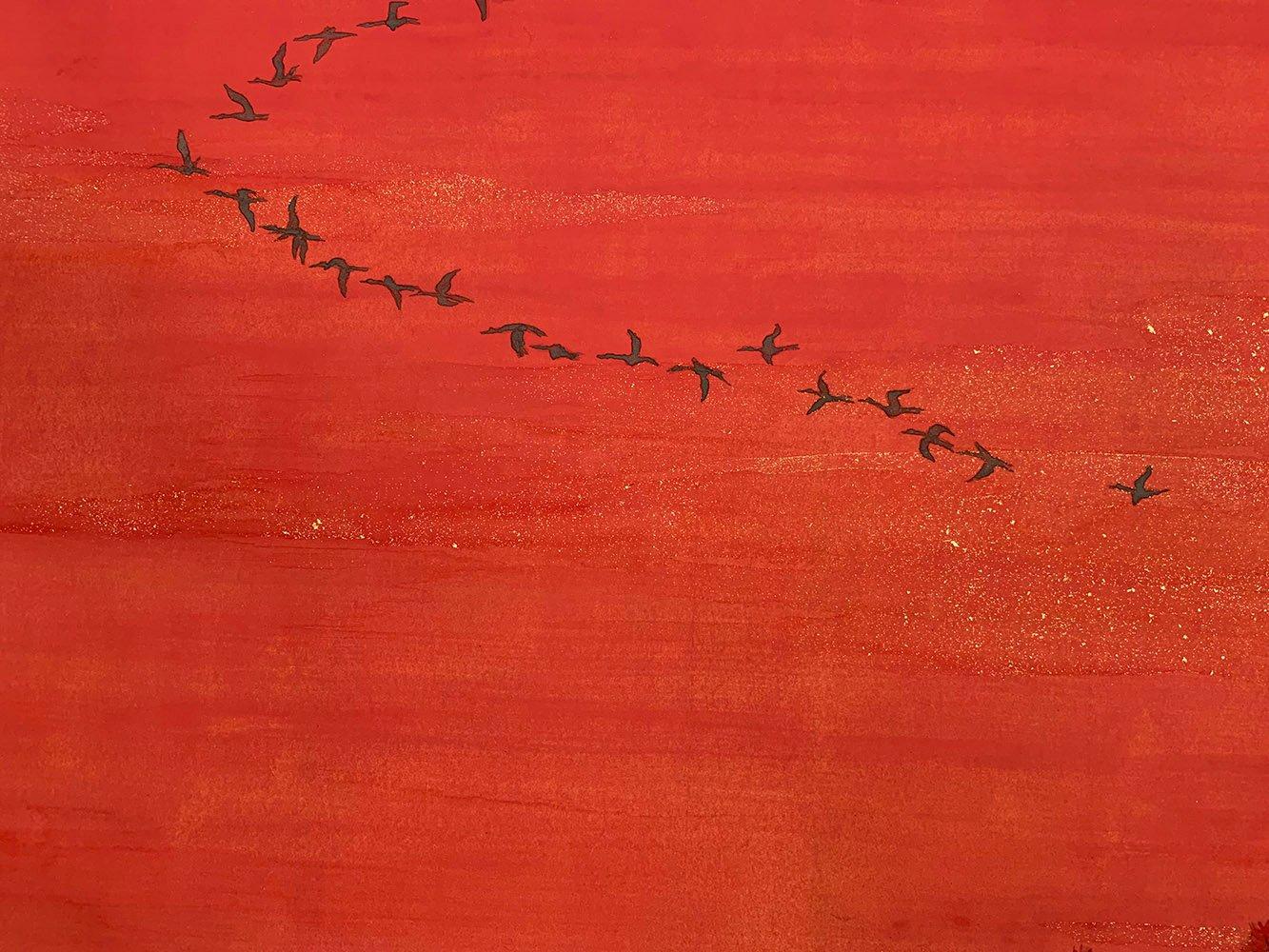 Árboles parlanchines II, pinos y aves migratorias de Lumi Mizutani - Pintura japonesa en venta 5