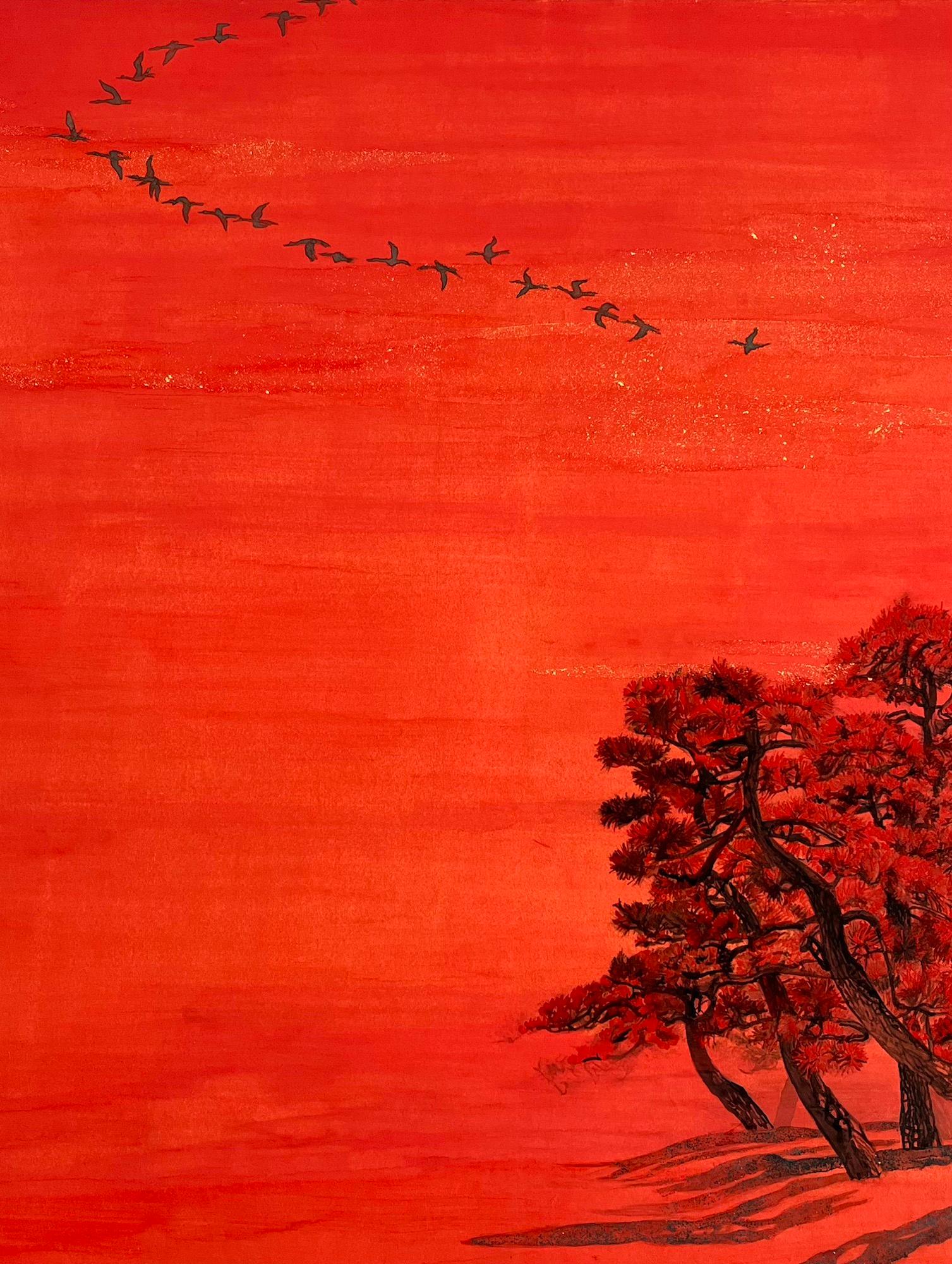 Alberi chiacchieroni II, pini e uccelli migratori di Lumi Mizutani - Pittura giapponese in vendita 7