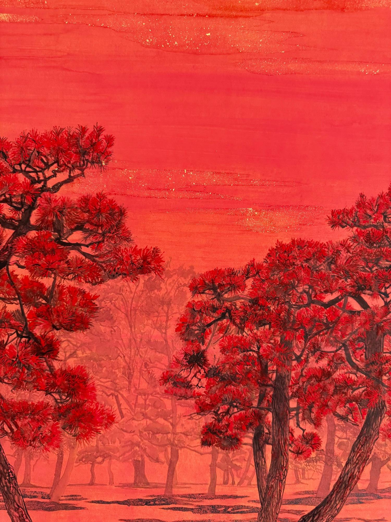 Alberi chiacchieroni II, pini e uccelli migratori di Lumi Mizutani - Pittura giapponese in vendita 8