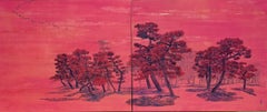 Árboles parlanchines II, pinos y aves migratorias de Lumi Mizutani - Pintura japonesa