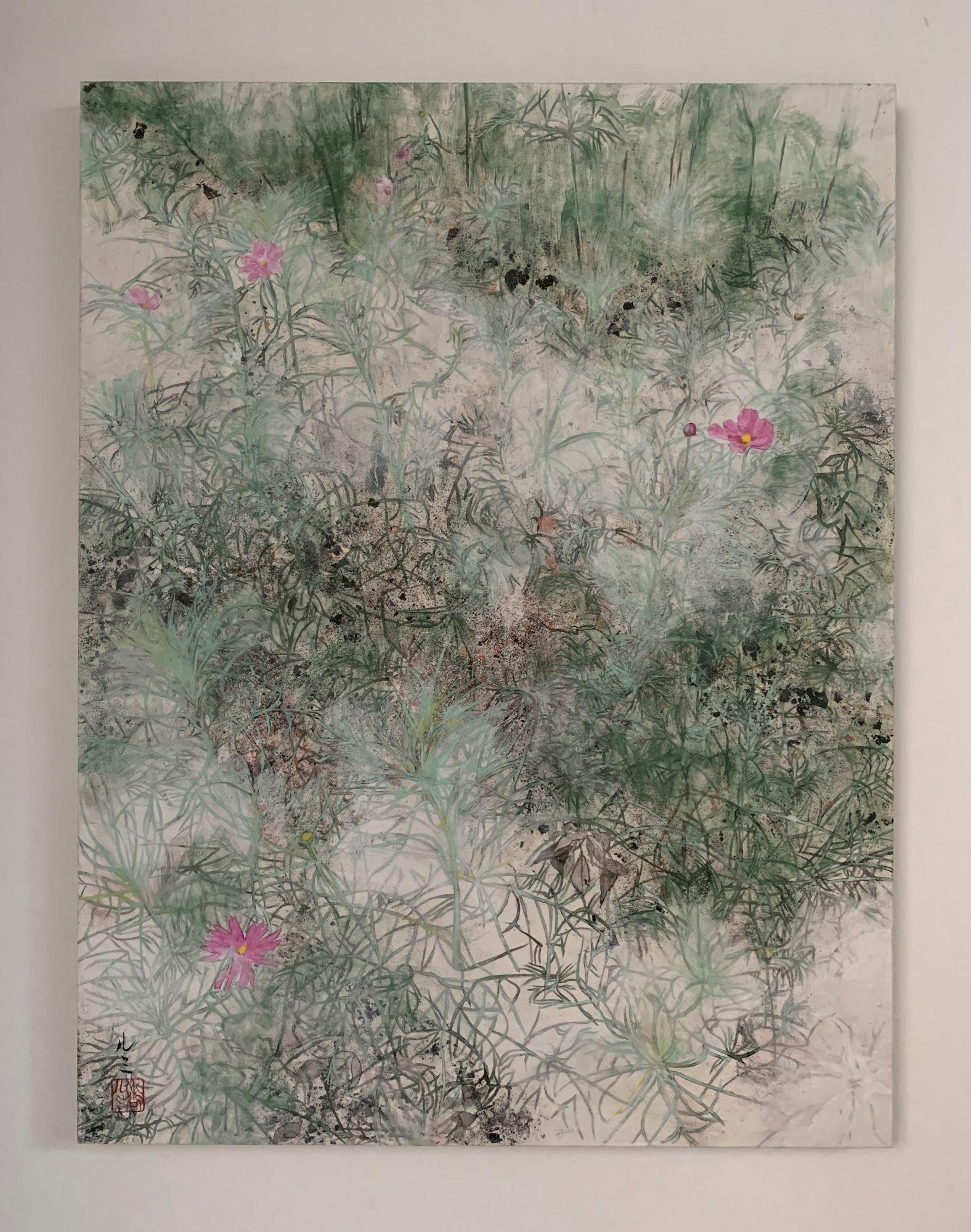 Cosmos II by Lumi Mizutani - Japanese style landscape painting, pink flowers For Sale 1