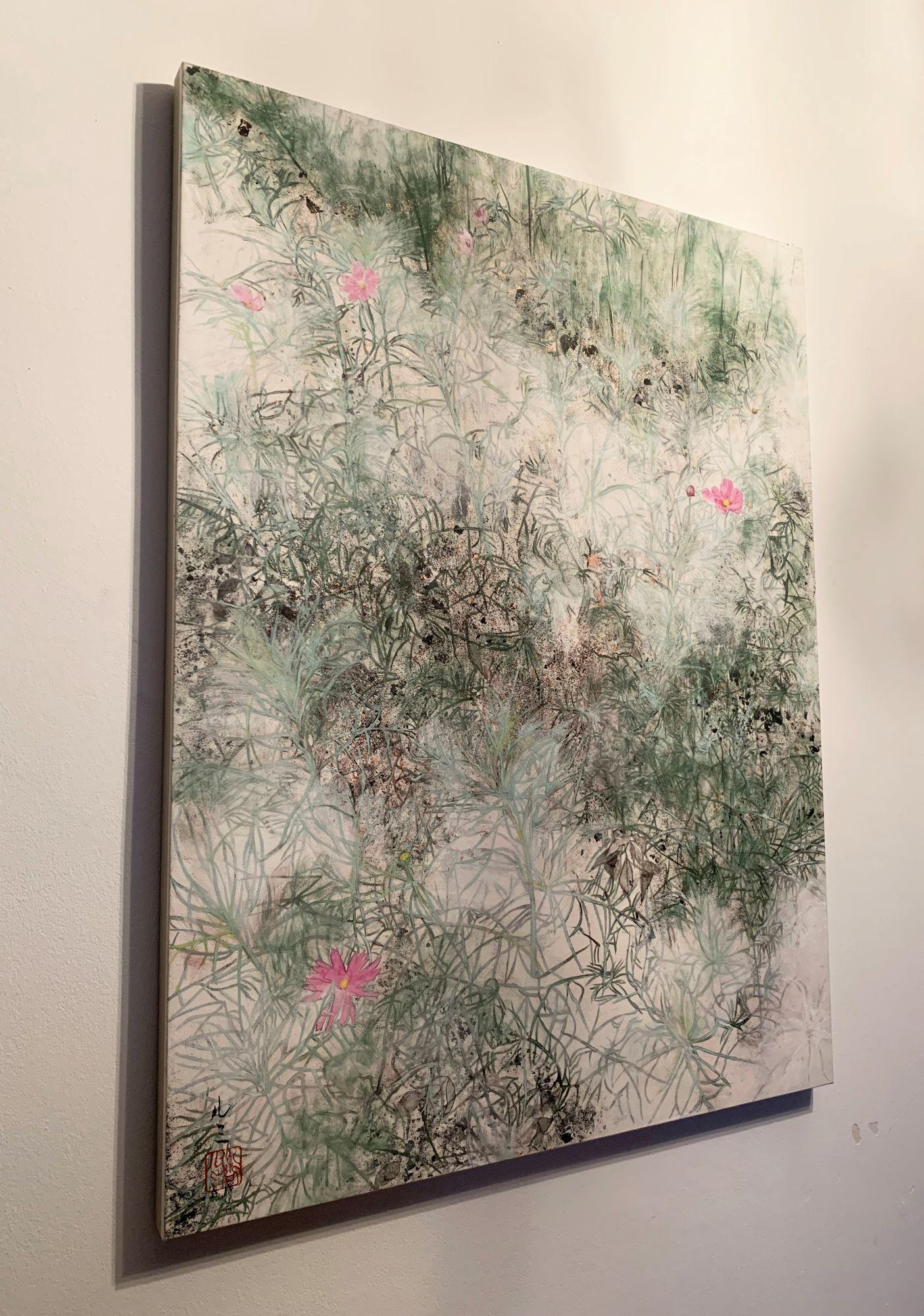 Cosmos II by Lumi Mizutani - Japanese style landscape painting, pink flowers For Sale 2