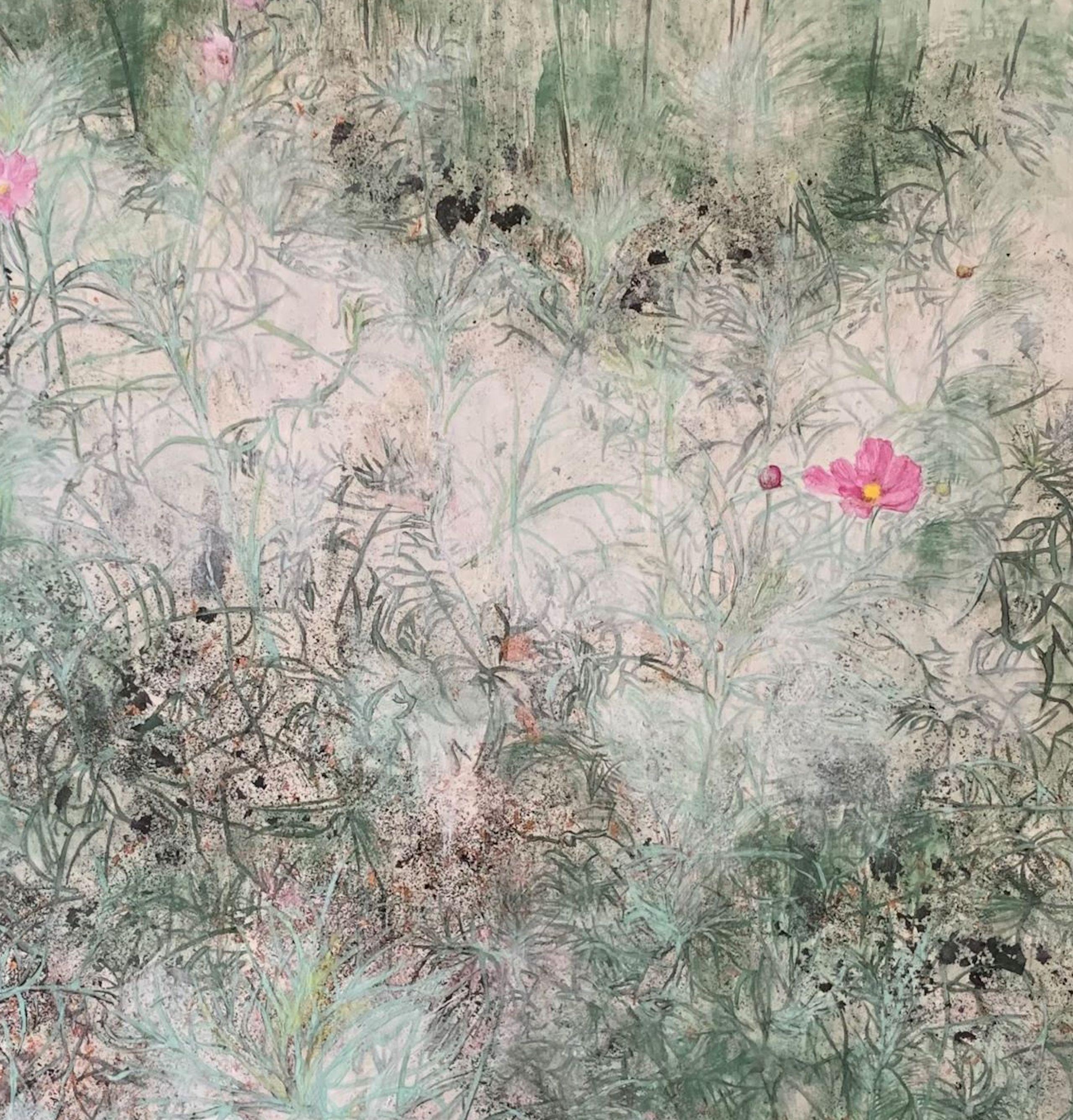 Cosmos II by Lumi Mizutani - Japanese style landscape painting, pink flowers For Sale 3